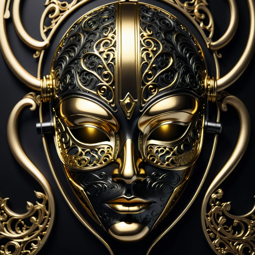 close -up of a golden mask on a black background, gold and black metal, portrait of a metal face, abstract 3d work of art, gloomy, but detailed digital art, saturated with black and gold, golden mask, 3d digital art 4k, abstract face, gold and steel are intricate, complex face, the face dissolves in the universe, metal mask, medium_shot, (wide_shot:1.1), (fully included in the frame:1.4), (gallery of the golden hour:1.2), deep black, (midjourney style:1.3), RAW, UHD, ultra-detailed, macroscopic detail, high-resolution professional photography, (futuristic patterns many small details:1.1), (golden chrome:1.3), (full shot:1.7)