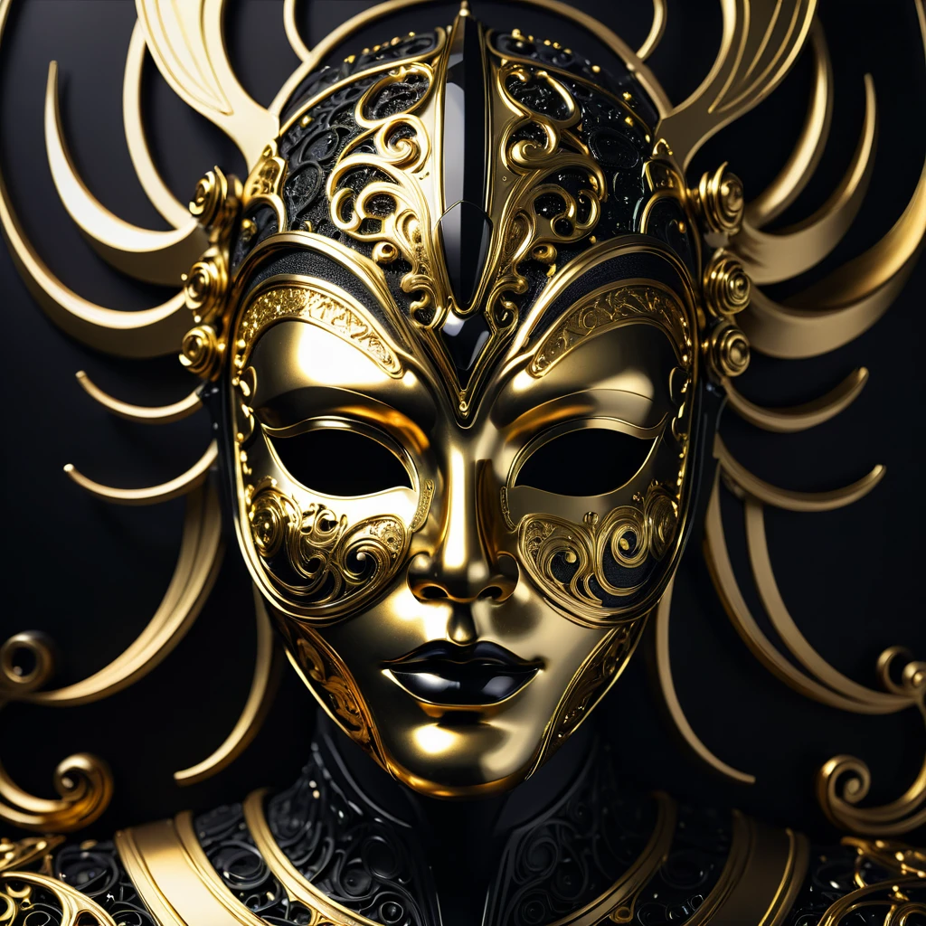 close -up of a golden mask on a black background, gold and black metal, portrait of a metal face, abstract 3d work of art, gloomy, but detailed digital art, saturated with black and gold, golden mask, 3d digital art 4k, abstract face, gold and steel are intricate, complex face, the face dissolves in the universe, metal mask, medium_shot, (wide_shot:1.1), (fully included in the frame:1.4), (gallery of the golden hour:1.2), deep black, (midjourney style:1.3), RAW, UHD, ultra-detailed, macroscopic detail, high-resolution professional photography, (futuristic patterns many small details:1.1), (golden chrome:1.3), (full shot:1.7)