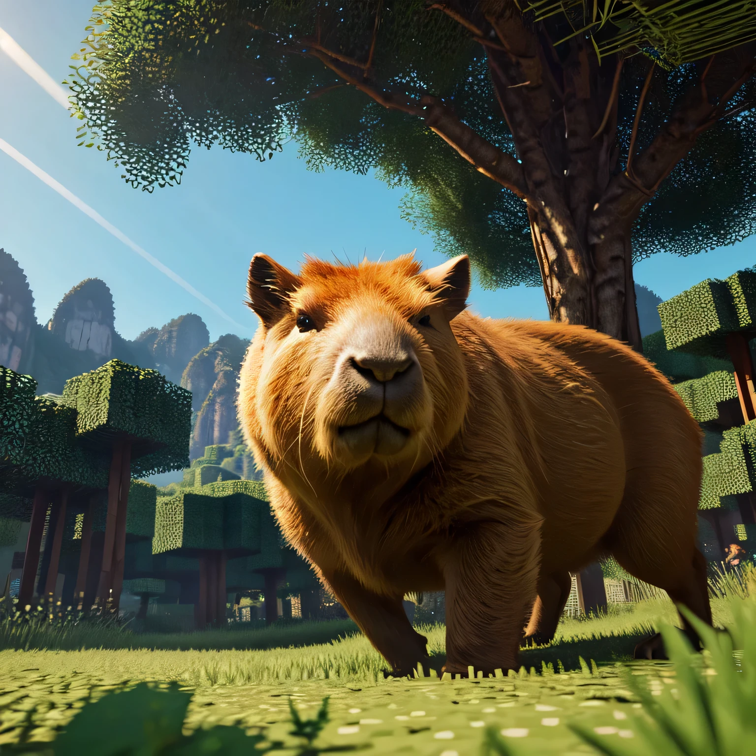Camera man view, illustration, pov, a capybara running to the viewer in a dense jungle, Dark green minecraft blocks blooming behind the capybara, beautiful landscape background with mountains and a tepui, highly detailed, hyperrealistic, 8k, best quality, photorealistic, ultra-detailed, vibrant colors, dramatic lighting, cinematic composition, award-winning digital art