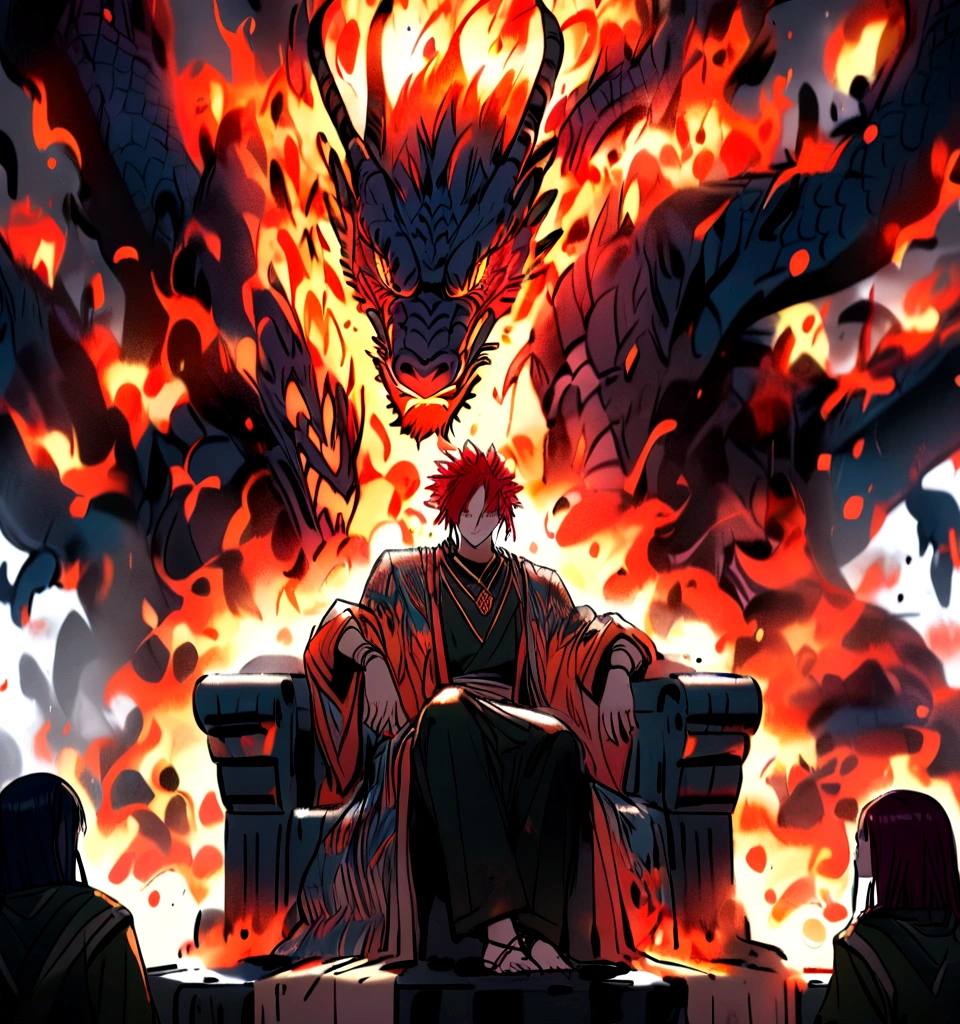 ((Sitting on a large throne)), ((Dragon tribe)), (Dragon King), (Red hair), ((Hair burning in flames))