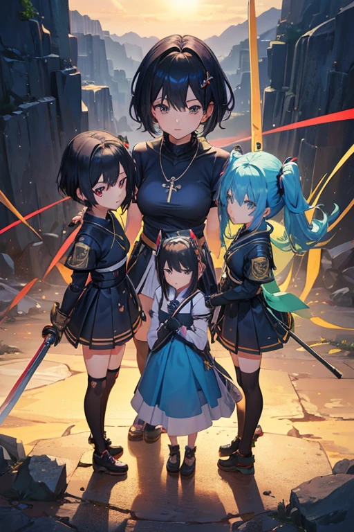 triplets Anime girls, carrying katana, anime, short black hair with neon blue highlights, hair is above shoulder height, smooth beautiful, 4k, anime art, pendant on hair, cross t necklace, vivid blue dress, battle armor golden armor, little clothing