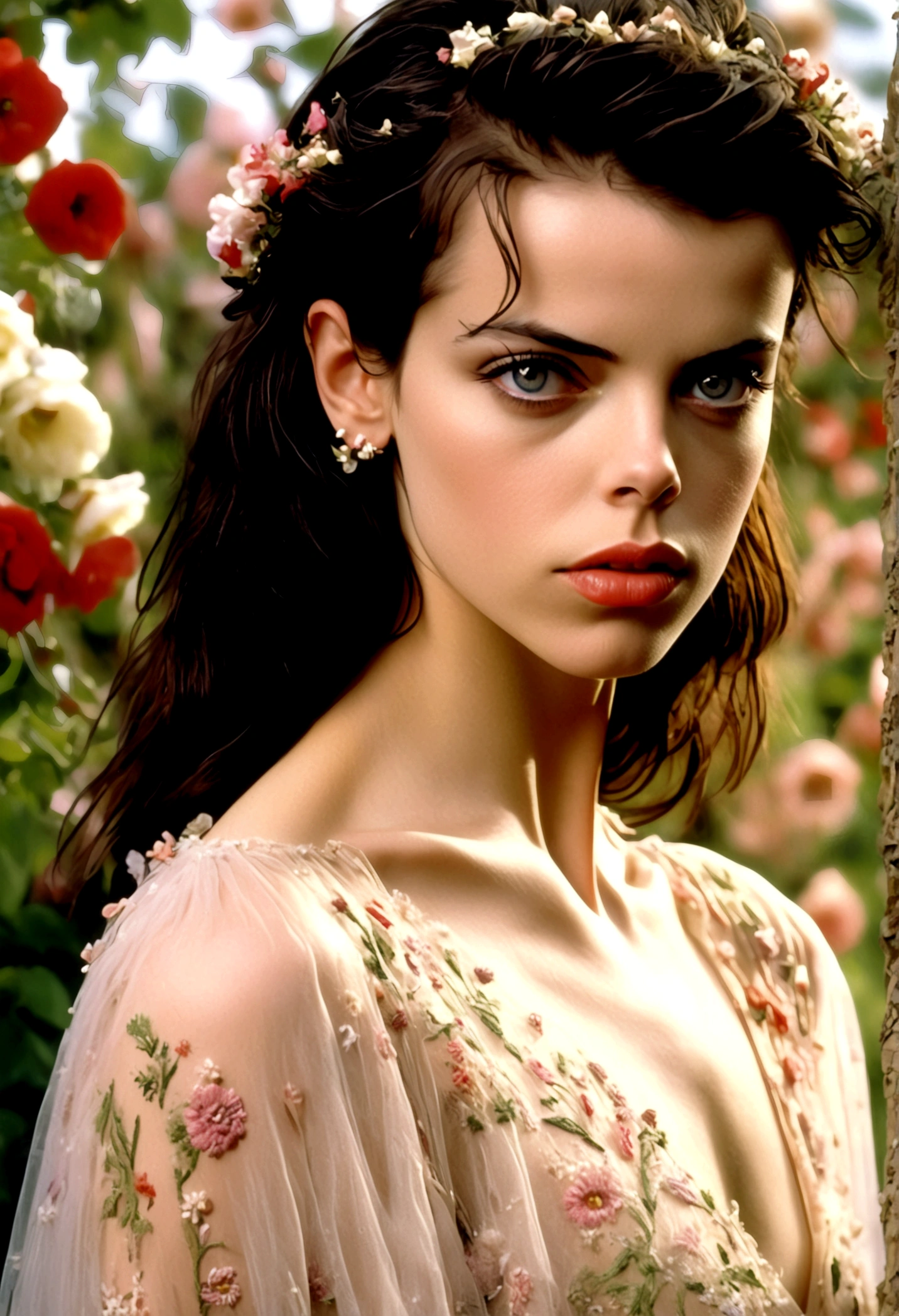 1990s Fairuza Balk (age 18, stunning eyes, sheer airy gown with flower embroidery, nude underneath), is walking through a well tended flower garden, mid day (show her head to toe)