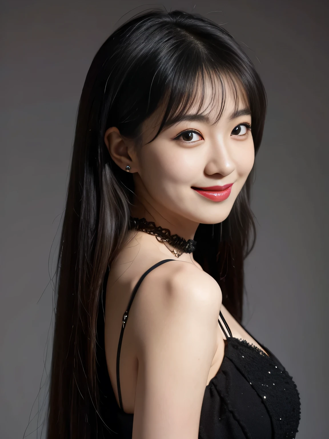 Girl,actual, maid, A face as delicate as Audrey Hepburn(best quality, masterpiece, original photo, Super detailed:1.2), 1 girl, alone, looking at the audience, Smile,Gray and black gradient background,black background