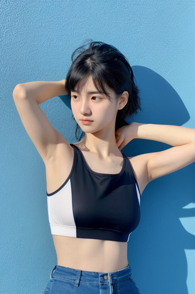 20-year-old woman with blue sport cloth, Black-haired, high contrast (Natural skin texture, Hyperrealism, Soft Ligh, sharp), high resolution, standing pose