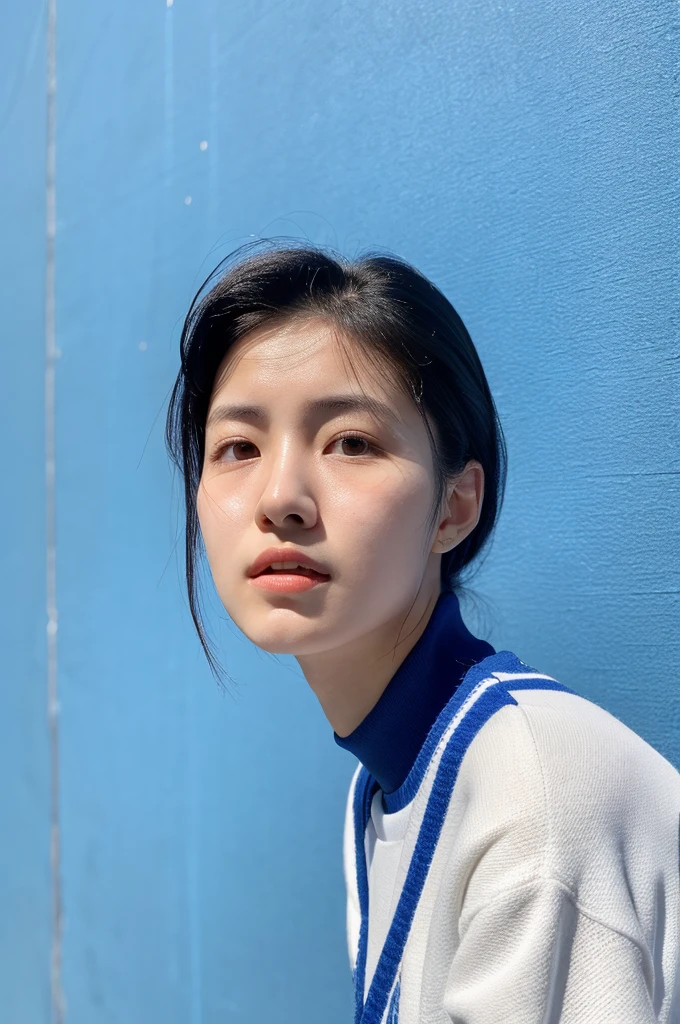 20-year-old woman with blue sport cloth, Black-haired, high contrast (Natural skin texture, Hyperrealism, Soft Ligh, sharp), high resolution, standing pose