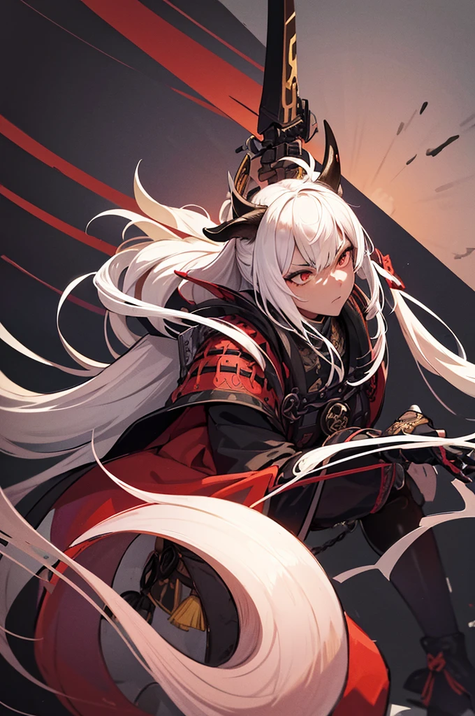 Create an illustration of a female samurai with humanoid and goat features, including longs horns and cows ears. She has dark skin and very long white hair. Her attire should be more medieval village, incorporating elements such as leather armor, chainmail. Equip her with two katanas. The overall aesthetic should maintain a balance between her fierce warrior persona and her unique hybrid appearance.