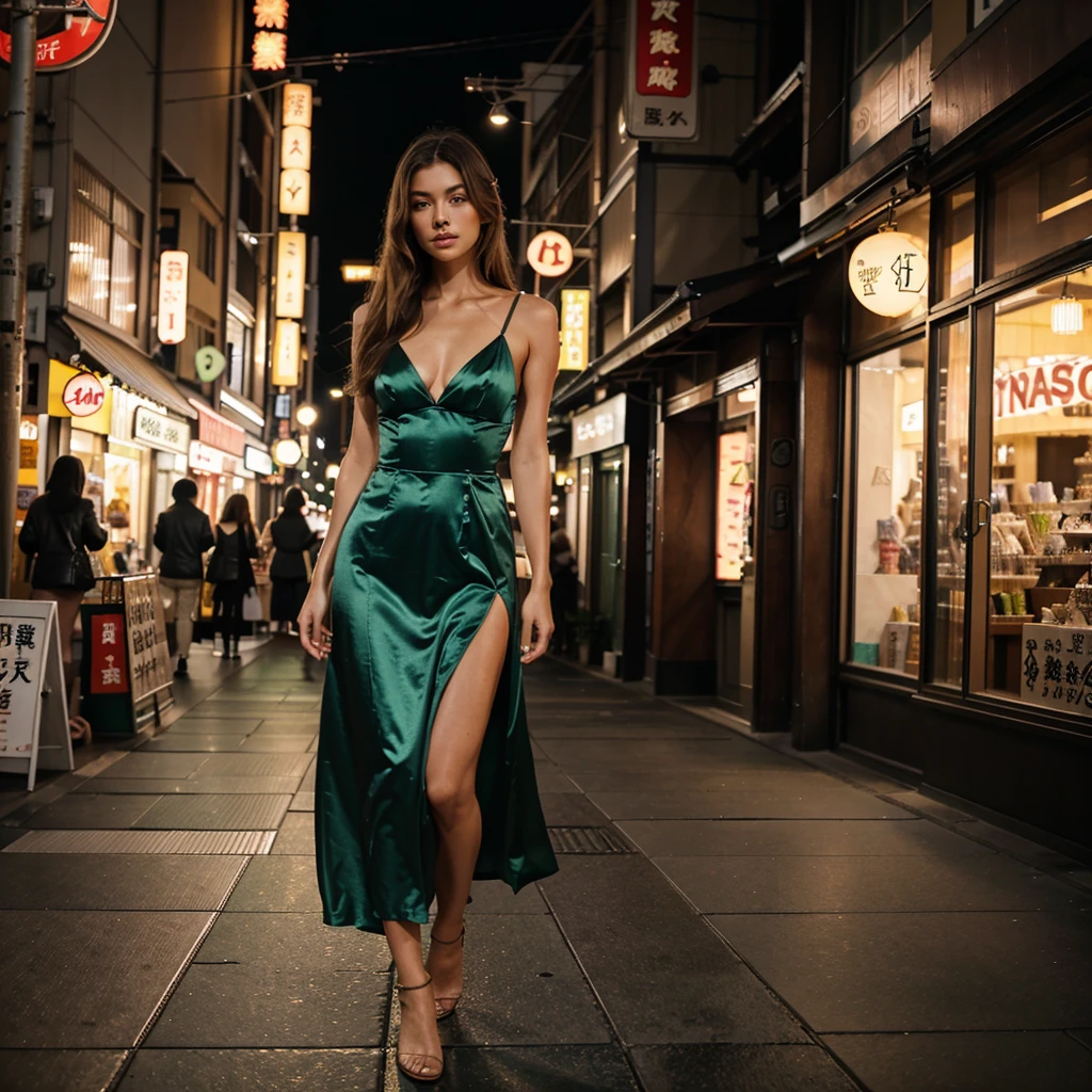 Female supermodel. Satin green evening dress. Dim, soft lighting. Sunset. Sunset.Musashi-Koyama Shopping Street “Palm”, Tokyo, Japan.