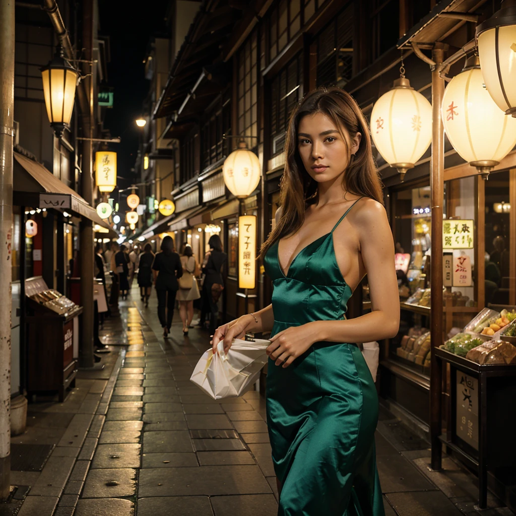 Female supermodel. Green cocktail dress. Dim, soft lighting. Sunset. Sugamo Jizodori Shopping Street, Tokyo, Japan. Sunset.