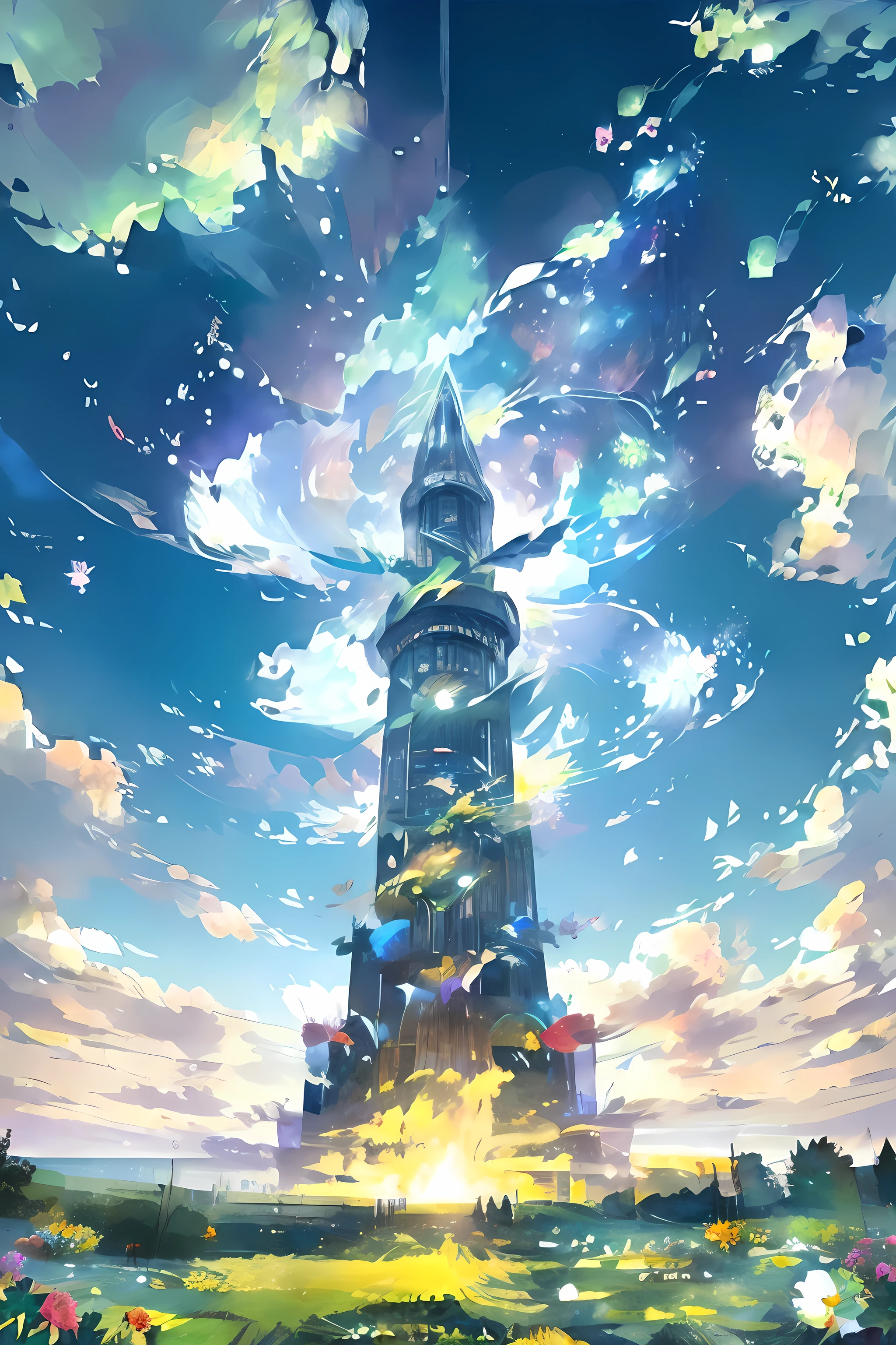 work of art, conceptual artwork, panorama, At the center, figure, Wide Plan, flowers garden, natta, (Meteors), Background with Aion Tower of Eternity, (magnificent composition, Epic Proportions), dynamic lighting, shiny colors, blue, green and white landscape, 4 heroes At the center