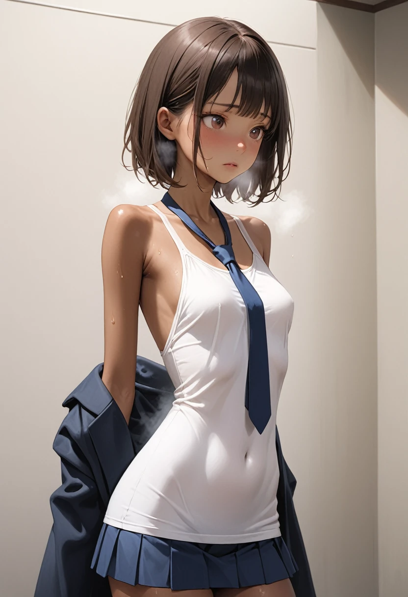 (masterpiece,Highest quality:1.3,best quality illustration),realistic,cowboy shot,1woman,30 year old Japanese beauty,((very small head:1.4)),short bob hair,brown hair,bangs,brown eyes,gorgeous eyes,sad,Heavy breathing,((Dark blue blazer jacket、White Shirt、Blue tie、Navy blue mini skirt、black thighhighs)),Naval Officer Uniform,small breasts,((very long body:1.4,tan skin:1.3)),(toned body,slender body,skinny),gleaming skin,shiny skin,sweat:1.4,standing,conference room、Naval Base、