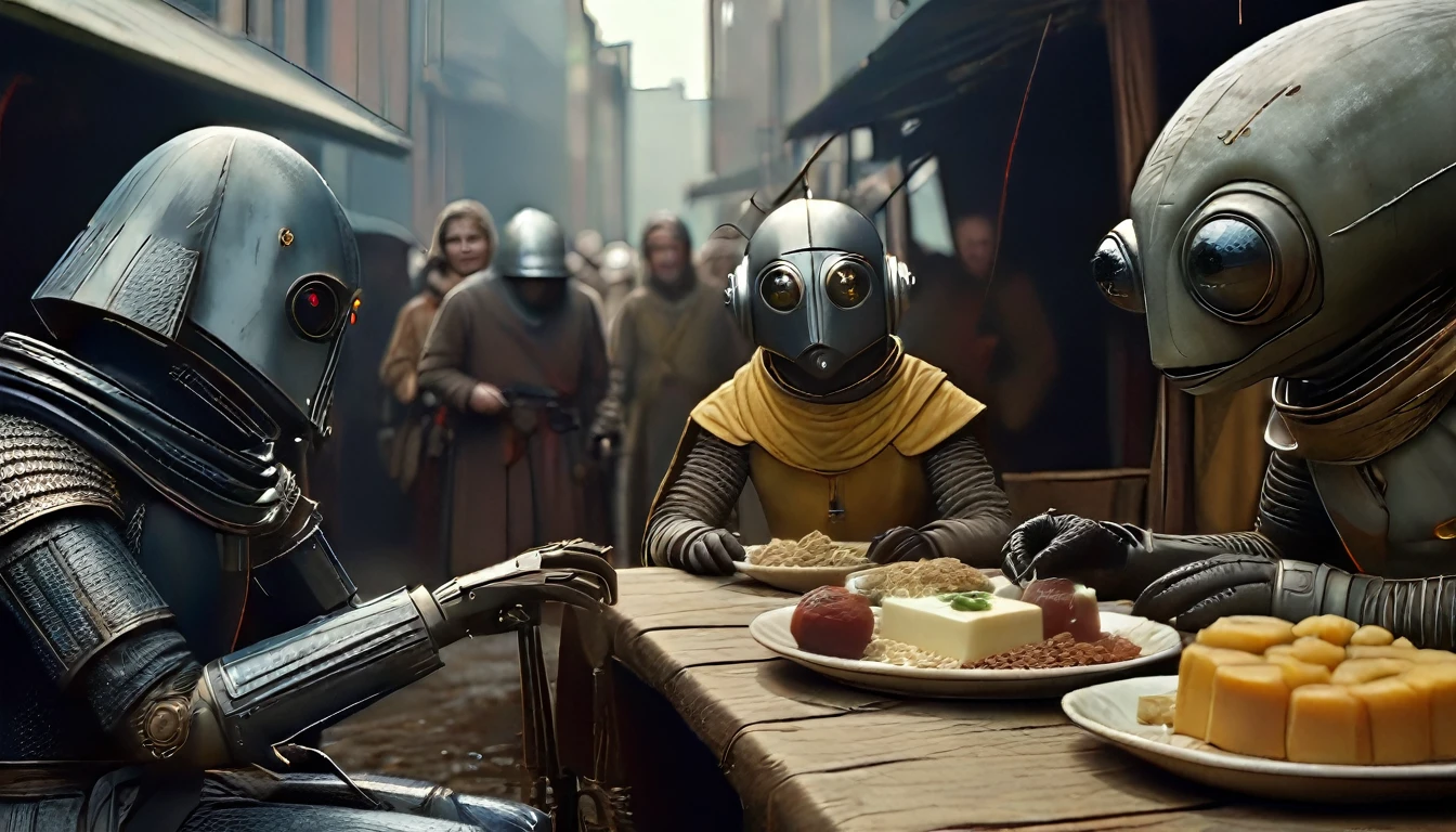 In portrait, characters inspired by the Start Wars universe by Ralph McQuarrie and Anton Semenov, Wayne Barlowe in a Middle Ages setting, as robots, exotic alien beings (interacting with people:2.3), inspired by Hieronymus Bosch and Shaun Tan. Directed by George Lucas. (cinematic film), ultra detailed, intricate, sharp focus, object texture, Studio photo, detalhes intricates, highly detailed, in Real Photo style, hyper-realistic, High dynamic range, rich colors, Realistic textures, 8K uhd , high color depth, Nikon D 850, Porta Kodak 400, fujifilm XT
