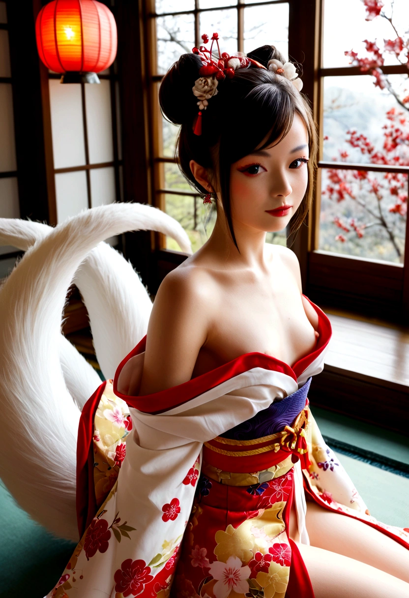 (masterpiece, best quality:1.2), 1. Double tail,Beautiful sexy woman(Wear an off-the-shoulder kimono),,(Smooth skin),E7E48U，Small Breasts，