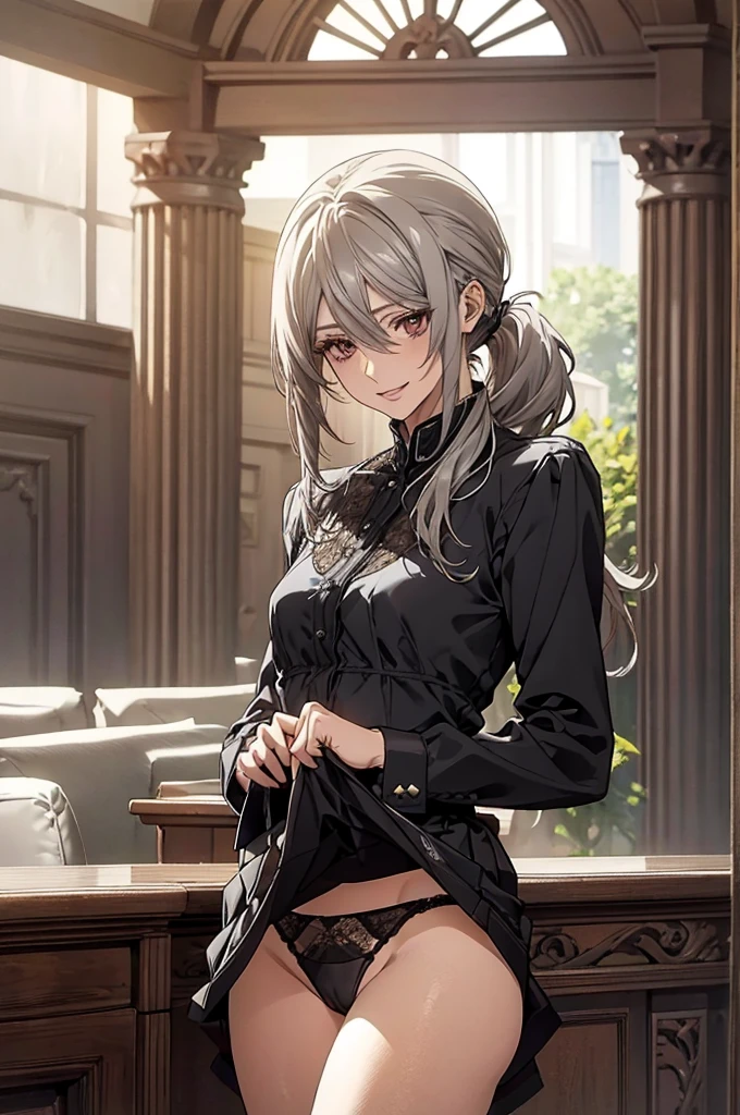 (Confused, High resolution, Very detailed), 1 female, Silver Hair, Long Hair, Reddish brown eyes, Dark suit skirt, white lace thong, secretary, Low Ponytail, 24th generation, Beautiful woman, mature, thin, quiet, Calm, A small smile, Reception room,