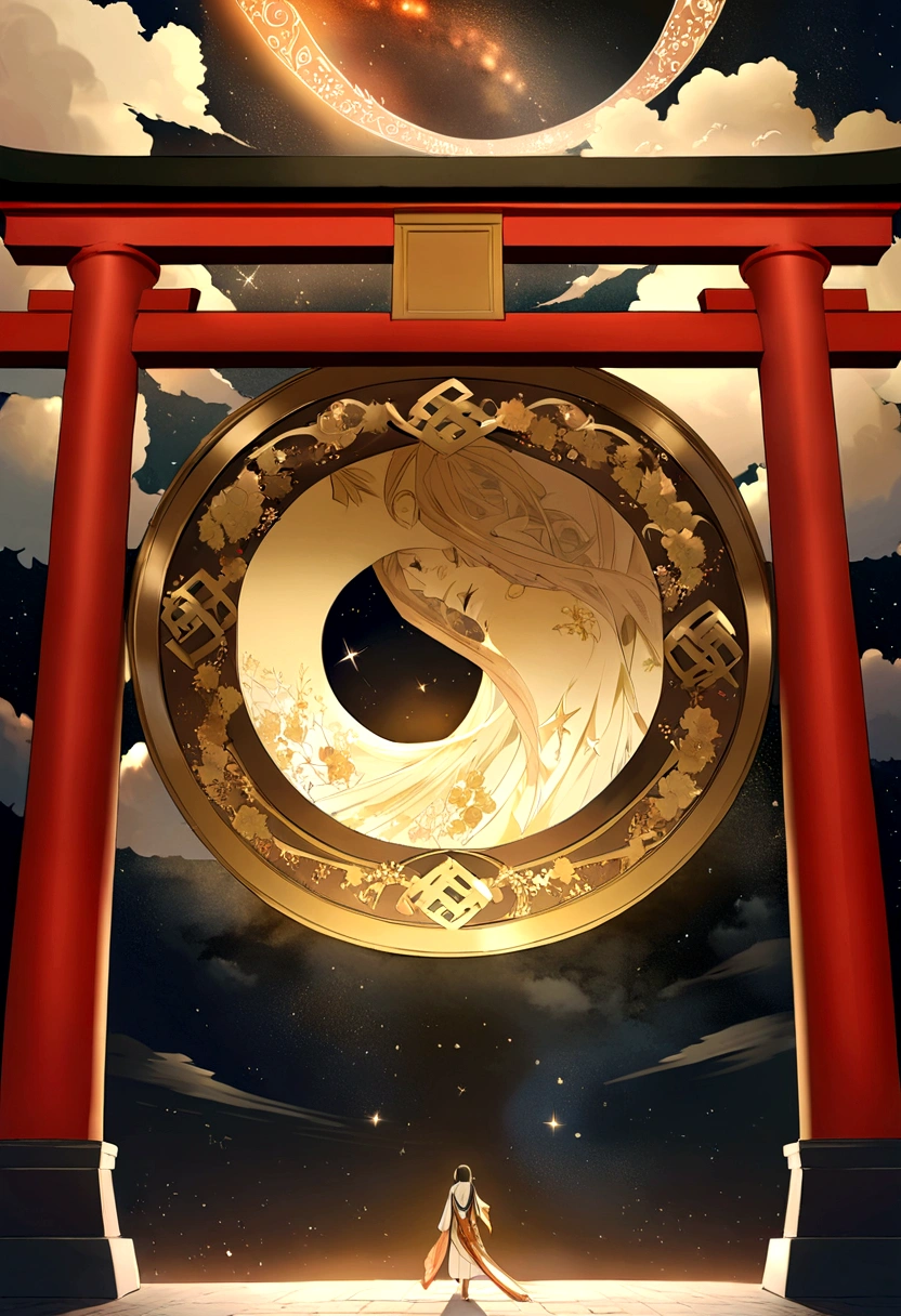 Create an image with a celestial object as the background, Stars and clouds, Representing God&#39;like. Insert a poem "神はご自分の独り子をお与えになるほどに世をlikeされたからです, He who believes in him will not perish、We Should Gain Eternal Life." Gracefully, Golden letters.((Cloud heart shape)),(Japan torii gate)