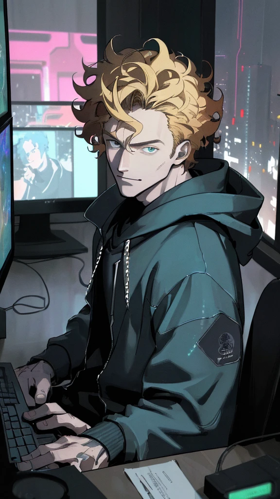a hacker late ager boy, cyberpunk, young boy, sexy, blonde hair, blue hoodie, detailed face, sharp eyes, beautiful boy, pretty face, sexy, curly hair, smirk, glowing computer screens, neon city lights, futuristic technology, moody lighting, cinematic atmosphere, dark colors, gritty urban environment, realistic 3D render, (best quality,4k,8k,highres,masterpiece:1.2),ultra-detailed,(realistic,photorealistic,photo-realistic:1.37)