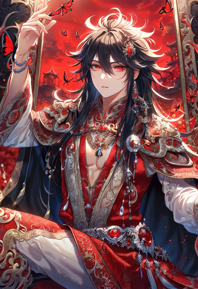 absurdres, highres, ultra detailed, HDR, master piece, best quality, extremely detailed face, delicated features, Xue Yu, untamed spiky hair, black long hair, hair between the eyes, expressive red eyes, Thousand Years War, solo, sexy man, handsome, toned chest, black cape, red robes, accessories, patterns, sitting, red sky, red butterflies, red spider lilies, fantasy, magical, radiant, envy magical