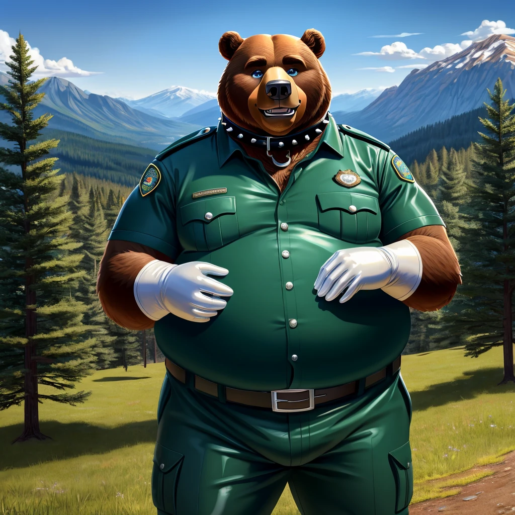 solo, full body, Male, fat, extremely obese, Bear, park ranger, trousers, outdoor, park ranger uniform, collared shirt with buttons, blue eyes, (soft shading), 4k, hi res, ((detailed face, detailed)), looking at viewer, evil grin, Bear is wearing the collared shirt and leather collar at the same time, Bear is wearing a glossy leather dog collar around the neck with silver studs around the collar, Bear is wearing white rubber gloves on the hands, white rubber gloves on the feet, gloves are rubber in texture, leather collar is shiny, leather collar is extremely detailed, rubber gloves are glossy, Evergreen pine forest and mountains national park in the background, Environmental protection area.