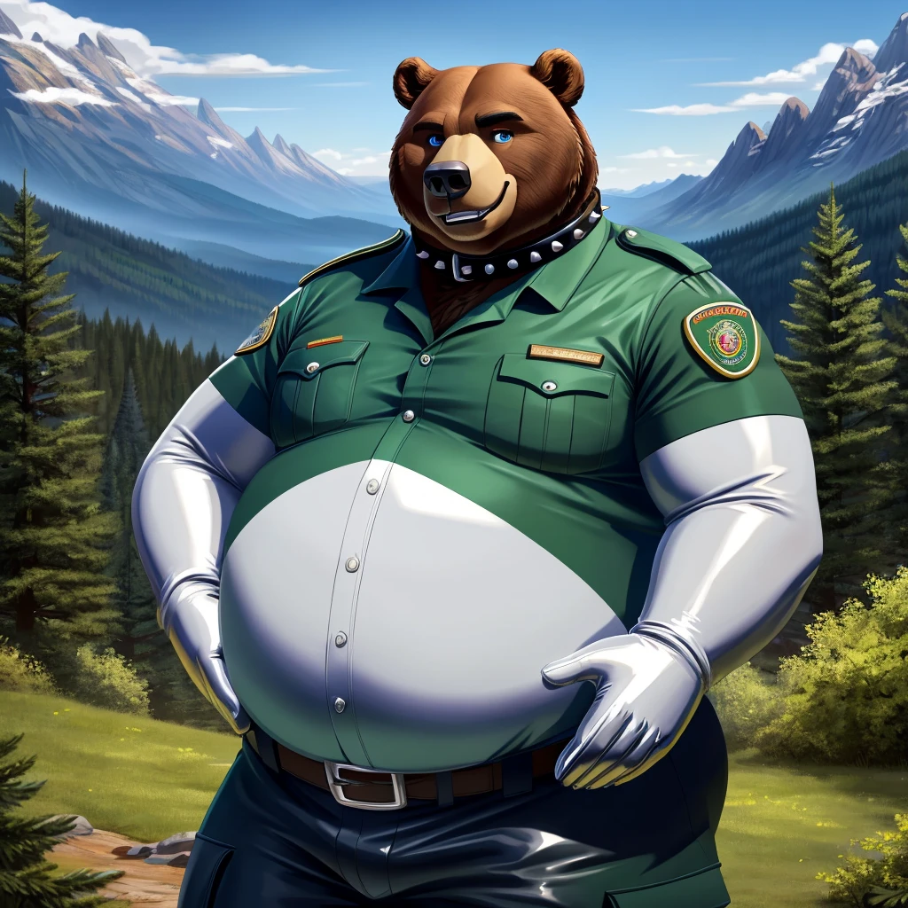 solo, full body, Male, fat, extremely obese, Bear, park ranger, trousers, outdoor, park ranger uniform, collared shirt with buttons, blue eyes, (soft shading), 4k, hi res, ((detailed face, detailed)), looking at viewer, evil grin, Bear is wearing the collared shirt and leather collar at the same time, Bear is wearing a glossy leather dog collar around the neck with silver studs around the collar, Bear is wearing white rubber gloves on the hands, white rubber gloves on the feet, gloves are rubber in texture, leather collar is shiny, leather collar is extremely detailed, rubber gloves are glossy, Evergreen pine forest and mountains national park in the background, Environmental protection area.