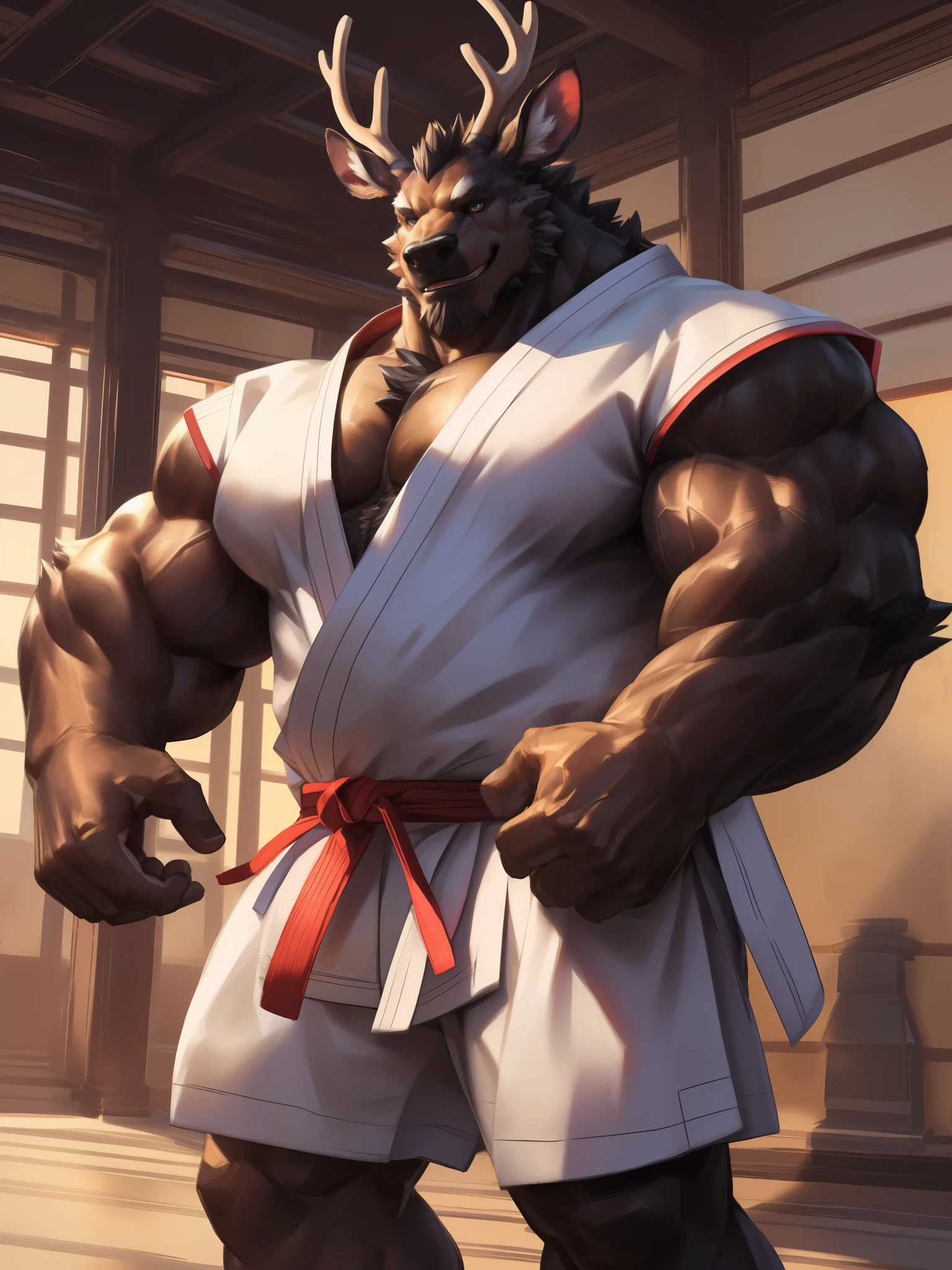 lindong, lucusold, lanxus, a man with a huge muscle, furry deer wearing ((karate uniform:1.2)), dojo, ((huge muscular:1.2, wide pectoral, thick arms, sixpack)), smile, thicc, lowres, giant and muscular, danbooru and artstation, heavy detailed, insanely inflated hips, proportionally arms, commission for high res, detailed but rough, semirealistic:1.3