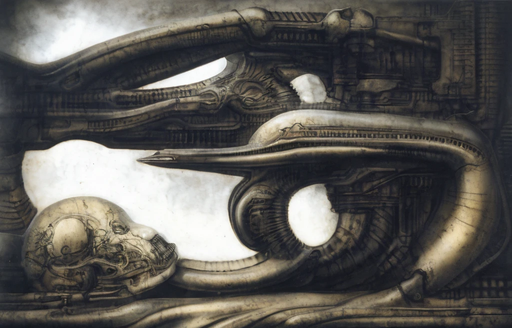 The image is a detailed view of H.R. Giger's biomechanical tableau \" Landscape XVI \" plate, featuring.
(airbrush painting, Giger's alien in front of broken alien ship in landscape, natural light, sharp focus, illustration, highly detailed, digital painting, concept art, matte, art by gric and kozhanov and moebius and Alphonse Mucha, masterpiece, HDR ,UHD , uplight, in HRGigerArhP style);1.
surrealistic painting of a monster with multiple tentacles and a body that looks like a brain, surrounded by a chaotic scene of swirling clouds and other monsters
It's a complex network of bones and organs in eldritch color scheme:a greenish-brown hue ,swirling gery and brown colors. The artwork is silverish and green brown, with an ivory bones prominently displayed. The image is highly detailed and intricate, almost like a 3d version of a medical sketchwork.
The piece is a tableau, most likely created with a India ink pen or pencil on paper, determined by the thin lines, shading techniques, and the texture of the paper, which is visible around the edges.
Used is pen, given the shading and variations in line weight visible in the image. Artist have used a variety of stylus with different degrees of hardness to achieve the shading effects.
The use of undersaturated green-grays dark contrasts creates a stark and graphic look. Is used a variety of linework techniques to create different textures. Fine, parallel lines create a smooth, metallic texture,while thicker, more cursive lines suggest cables or wires.
Light source from the top highlights skeletals, pper part of foreground, lower part of image is in shadowupper part of foreground, lower part of image is in shadow.
The art performance showcases the artist’s skills in observation and rendering. The level of detail in the piece suggests a close study of real bone specimens and mechanics. The artist has skillfully used shading techniques to create a convincing illusion of three-dimensionality on a flat surface. The wrinkles