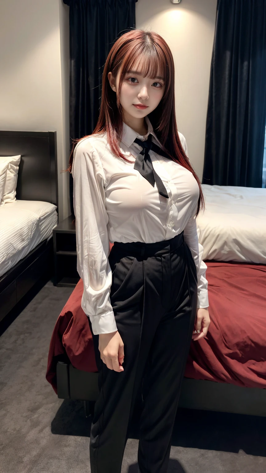Highest quality、Ultra-high resolution、Professional Lighting、Detailed Background、hotel room、full body,Kobeni-chan、crying a little、25-year-old woman、beautiful girl、(Kobeni-chan、Jet black hair, Black Hair, bangs, One-sided hair,)、(Red Hair Clip:1.1)、(White shirt:1.2)+(Black tie:1.2)+(black long pants for work:1.2)、(Huge breasts that look like they might burst:1.2)、(Big thighs:1.1)、Are standing、Model pose