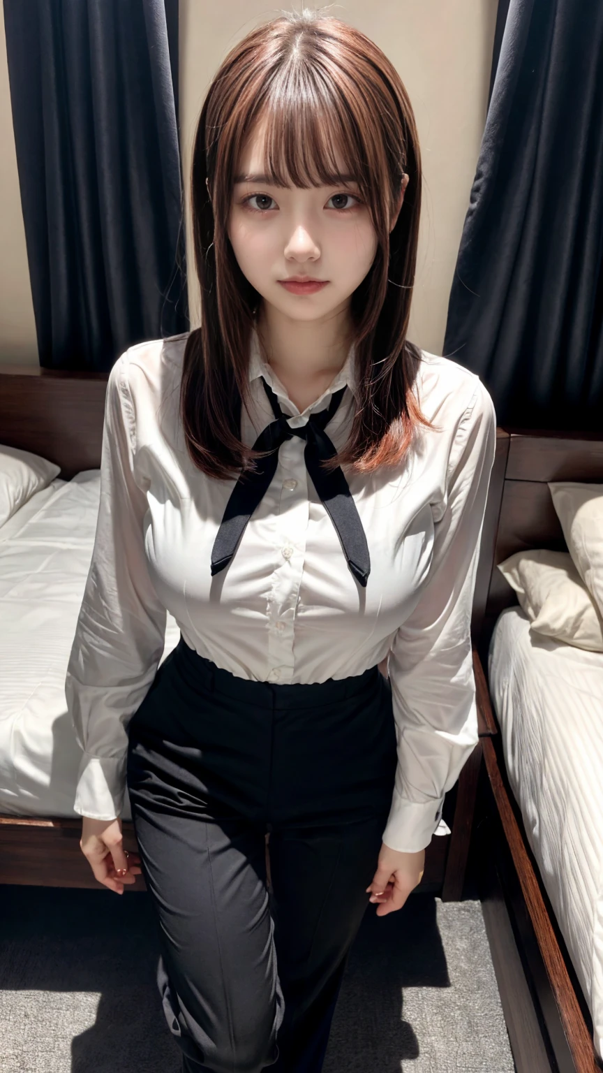 Highest quality、Ultra-high resolution、Professional Lighting、Detailed Background、hotel room、full body,Kobeni-chan、crying a little、25-year-old woman、beautiful girl、(Kobeni-chan、Jet black hair, Black Hair, bangs, One-sided hair,)、(Red Hair Clip:1.1)、(White shirt:1.2)+(Black tie:1.2)+(black long pants for work:1.2)、(Huge breasts that look like they might burst:1.2)、(Big thighs:1.1)、Are standing、Model pose