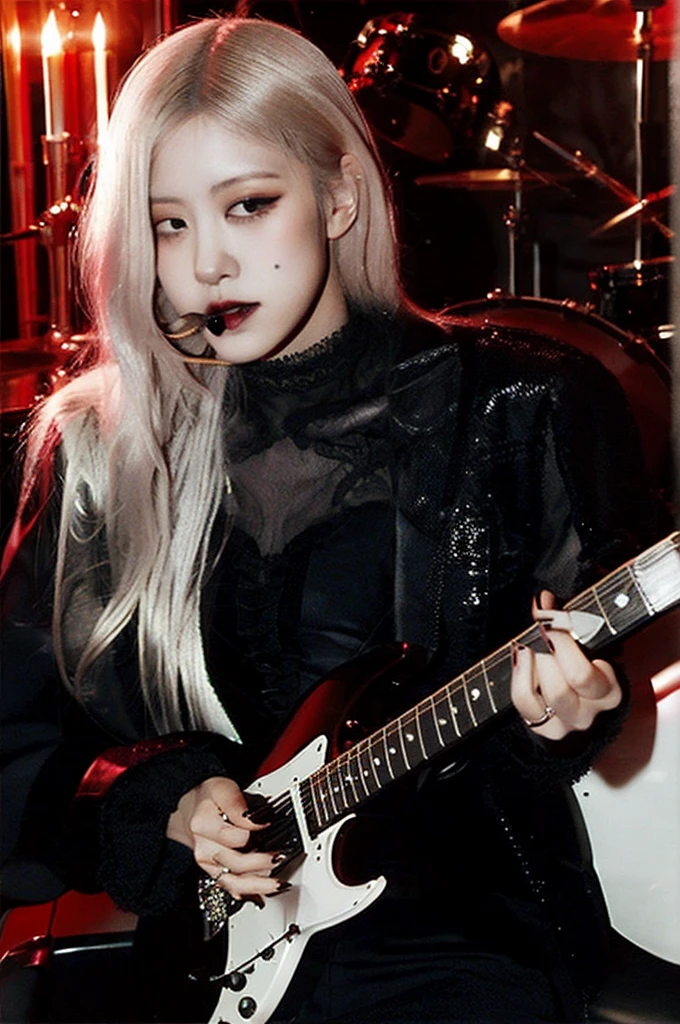 Vampire girl, cool, blonde hair, guitar in the background, dark vibe