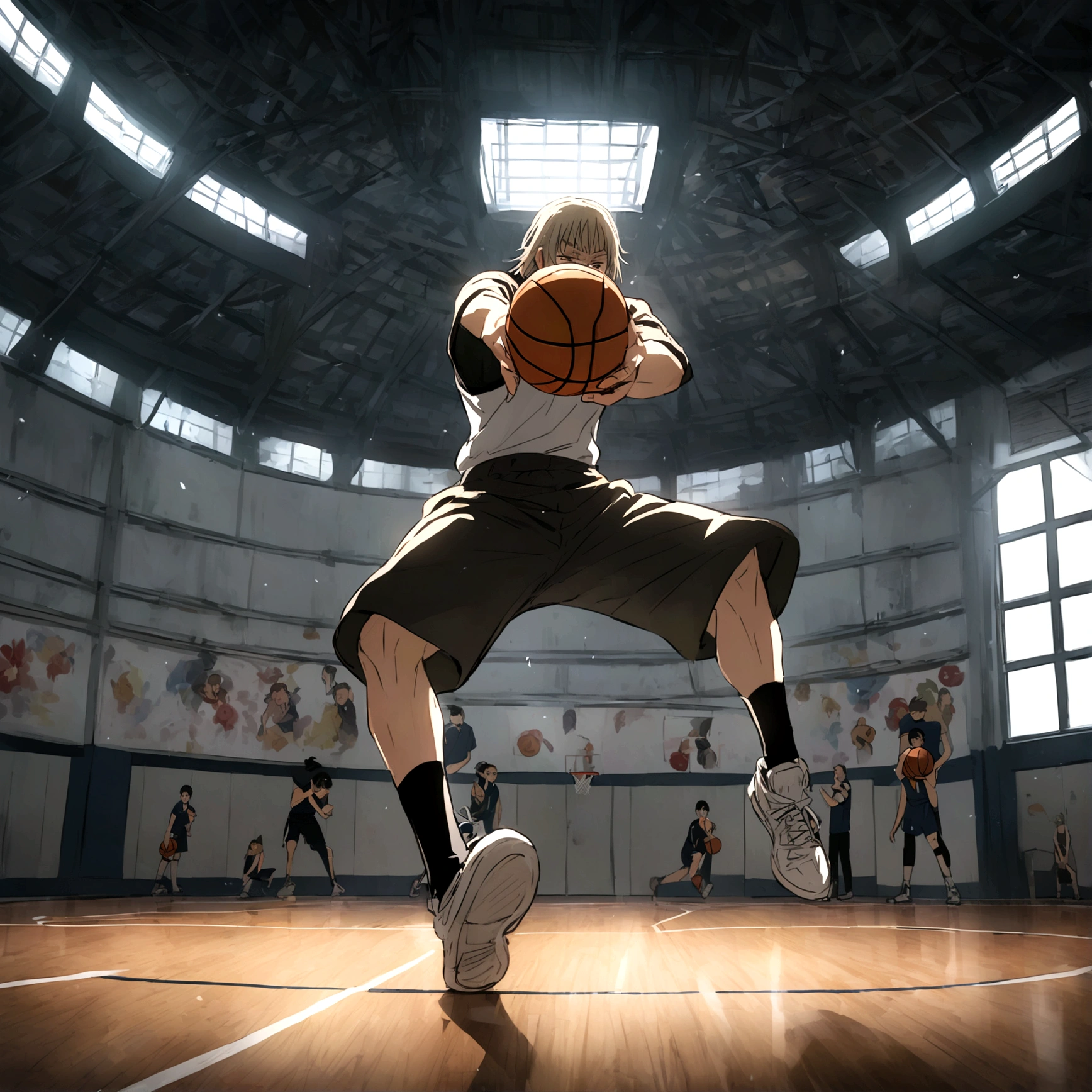Toji Zenin, from the anime Jujutsu Kaisen, playing basketball in the gym 