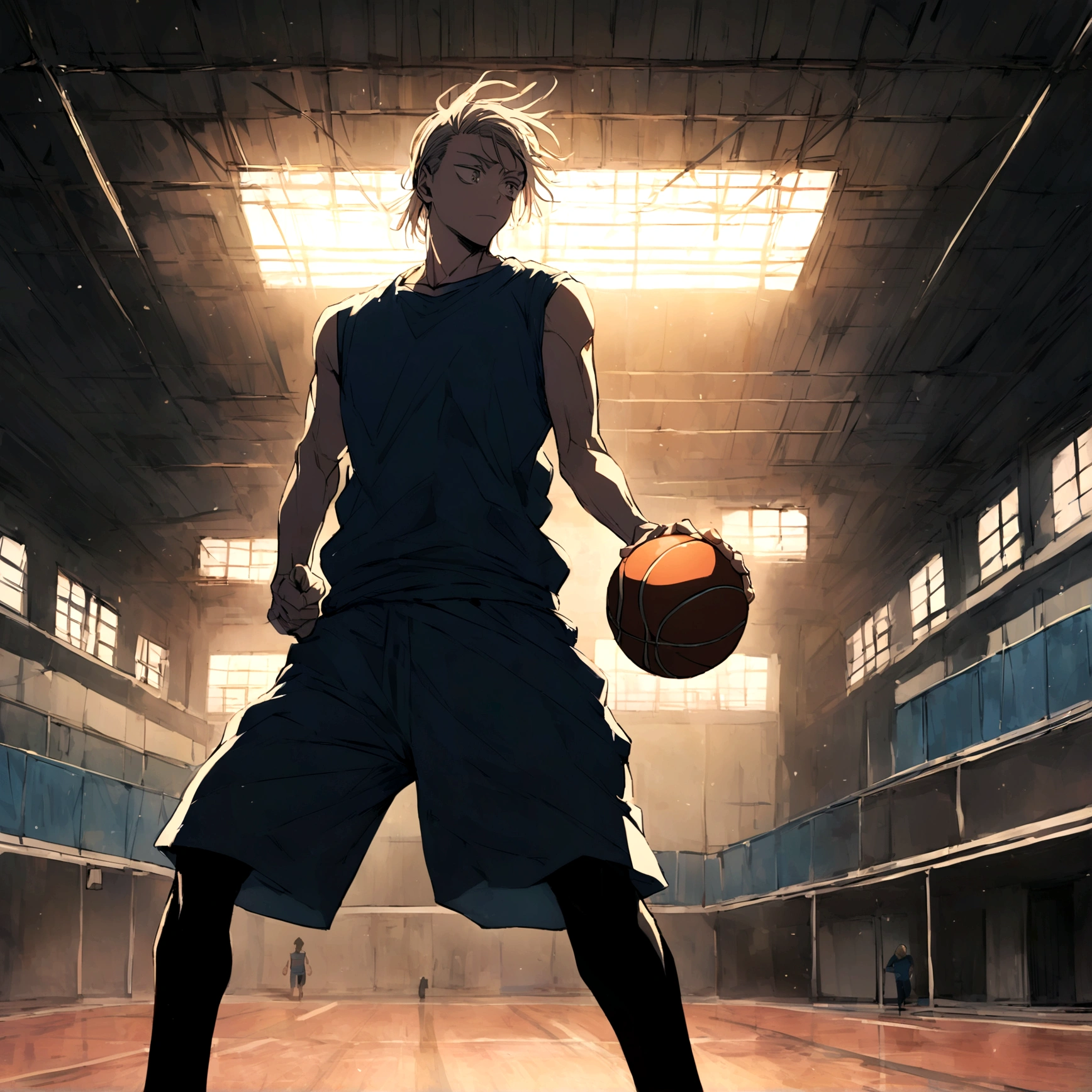 Toji Zenin, from the anime Jujutsu Kaisen, playing basketball in the gym 