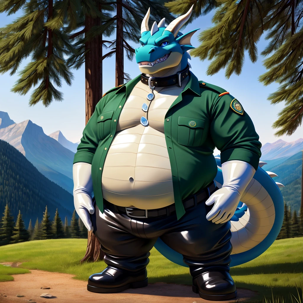solo, full body, Male, fat, extremely obese, Dragon, park ranger, trousers, outdoor, park ranger uniform, collared shirt with buttons, blue eyes, (soft shading), 4k, hi res, ((detailed face, detailed)), looking at viewer, evil grin, Dragon is wearing the collared shirt and leather collar at the same time, Dragon is wearing a glossy leather dog collar around the neck, Dragon is wearing white rubber gloves on the hands, white rubber gloves on the feet, gloves are rubber in texture, leather collar is shiny, leather collar is extremely detailed, rubber gloves are glossy, Evergreen pine forest and mountains national park in the background, Environmental protection area.