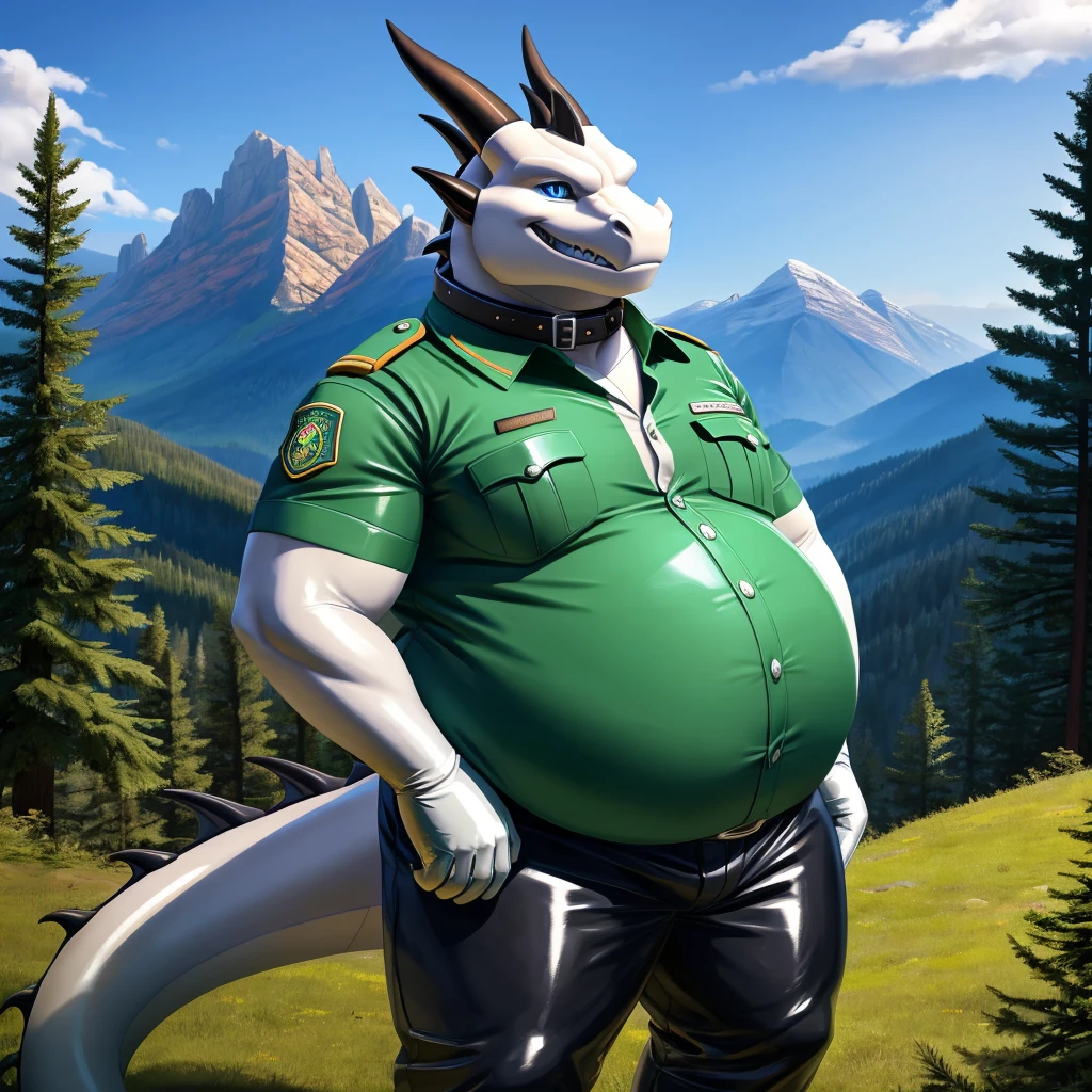 solo, full body, Male, fat, extremely obese, Dragon, park ranger, trousers, outdoor, park ranger uniform, collared shirt with buttons, blue eyes, (soft shading), 4k, hi res, ((detailed face, detailed)), looking at viewer, evil grin, Dragon is wearing the collared shirt and leather collar at the same time, Dragon is wearing a glossy leather dog collar around the neck, Dragon is wearing white rubber gloves on the hands, white rubber gloves on the feet, gloves are rubber in texture, leather collar is shiny, leather collar is extremely detailed, rubber gloves are glossy, Evergreen pine forest and mountains national park in the background, Environmental protection area.
