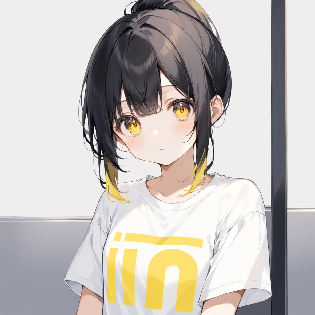 cute、girl、Yellow Eyes、Round eyes、Black hair with yellow tips、ponytail、White T-shirt、I'm smiling、Holding a stuffed penguin、