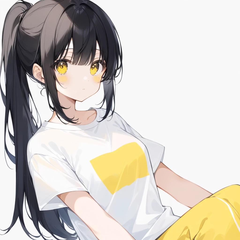 cute、girl、Yellow Eyes、Round eyes、Black hair with yellow tips、ponytail、White T-shirt、I&#39;m smiling、Holding a stuffed penguin、