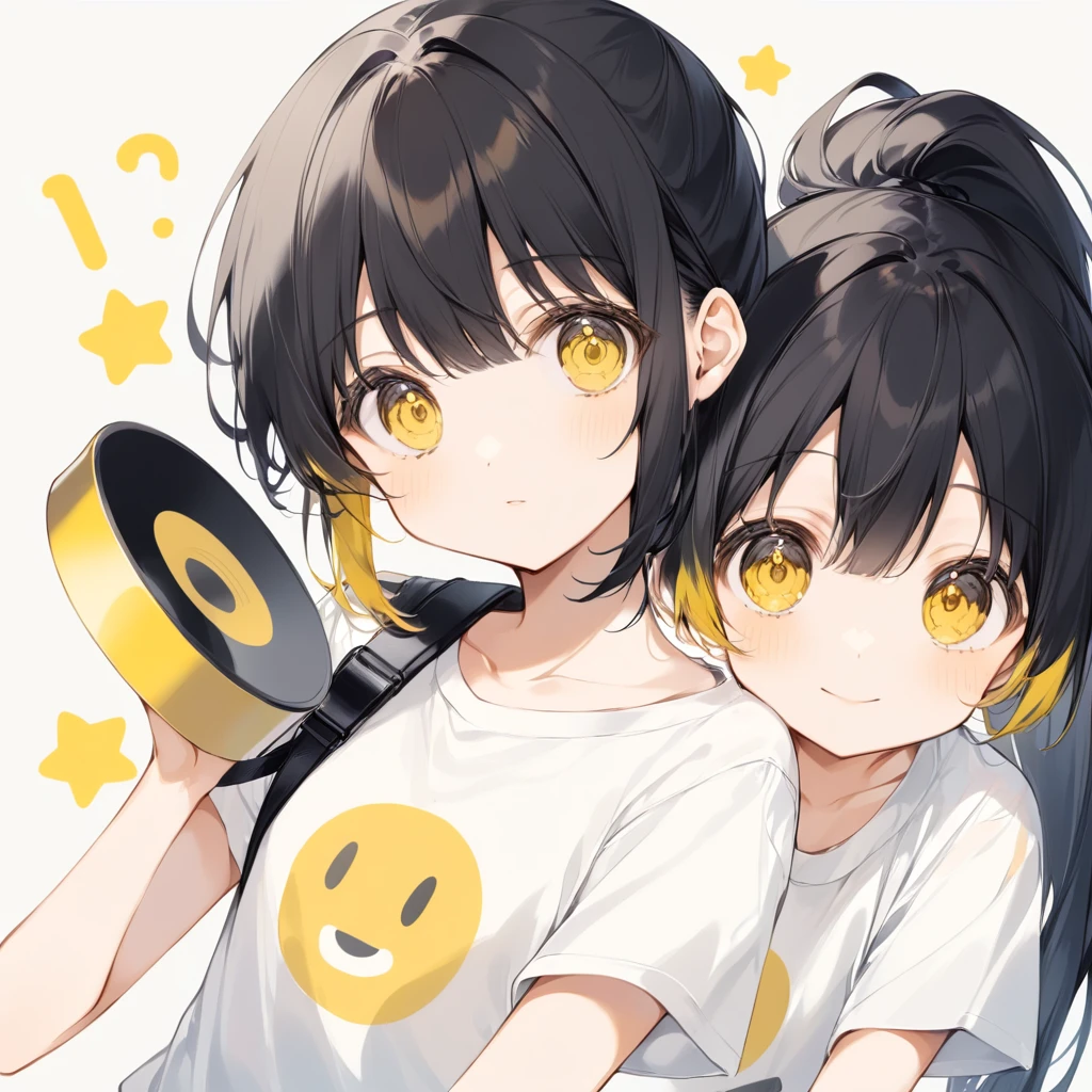 cute、girl、Yellow Eyes、Round eyes、Black hair with yellow tips、ponytail、White T-shirt、I'm smiling、Holding a stuffed penguin、