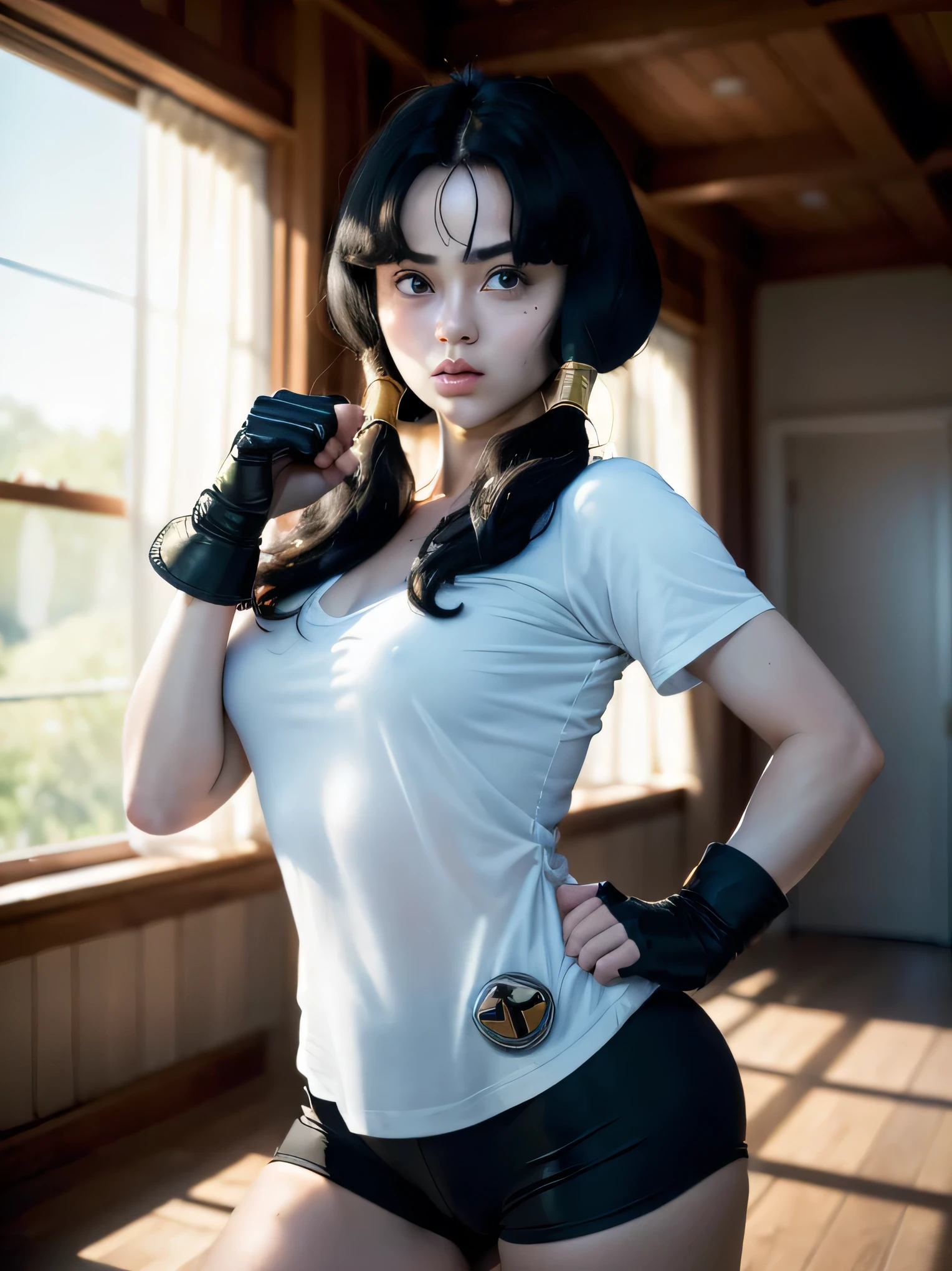 ((Masterpiece:1.4)), (high resolution:1.4), (fight pose:1,5), videl2, solo, blue eyes, black hair, twintails, black gloves, bike_shorts, bangs, white shirt, badge, medium breasts, beautiful face, highly detailed skin, skin pores,(highly detailed face:1.1), (highly detailed eyes:1.1), realistic pupils, full face blush, full lips, (perfect anatomy:1.1), (perfect proportions:1.1), (photography:1.1), (photorealistic:1.1), volumetric lighting, dynamic lighting, real shadows, (highres:1.1), sharp focus, rembrandt lighting, (realistic, hyperrealistic:1.4), intricate, high detail, dramatic, subsurface scattering, big depth of field, vivid, polished, sharpened, ((full Sharp)), (extremely absurdres),16k hdr, gym short