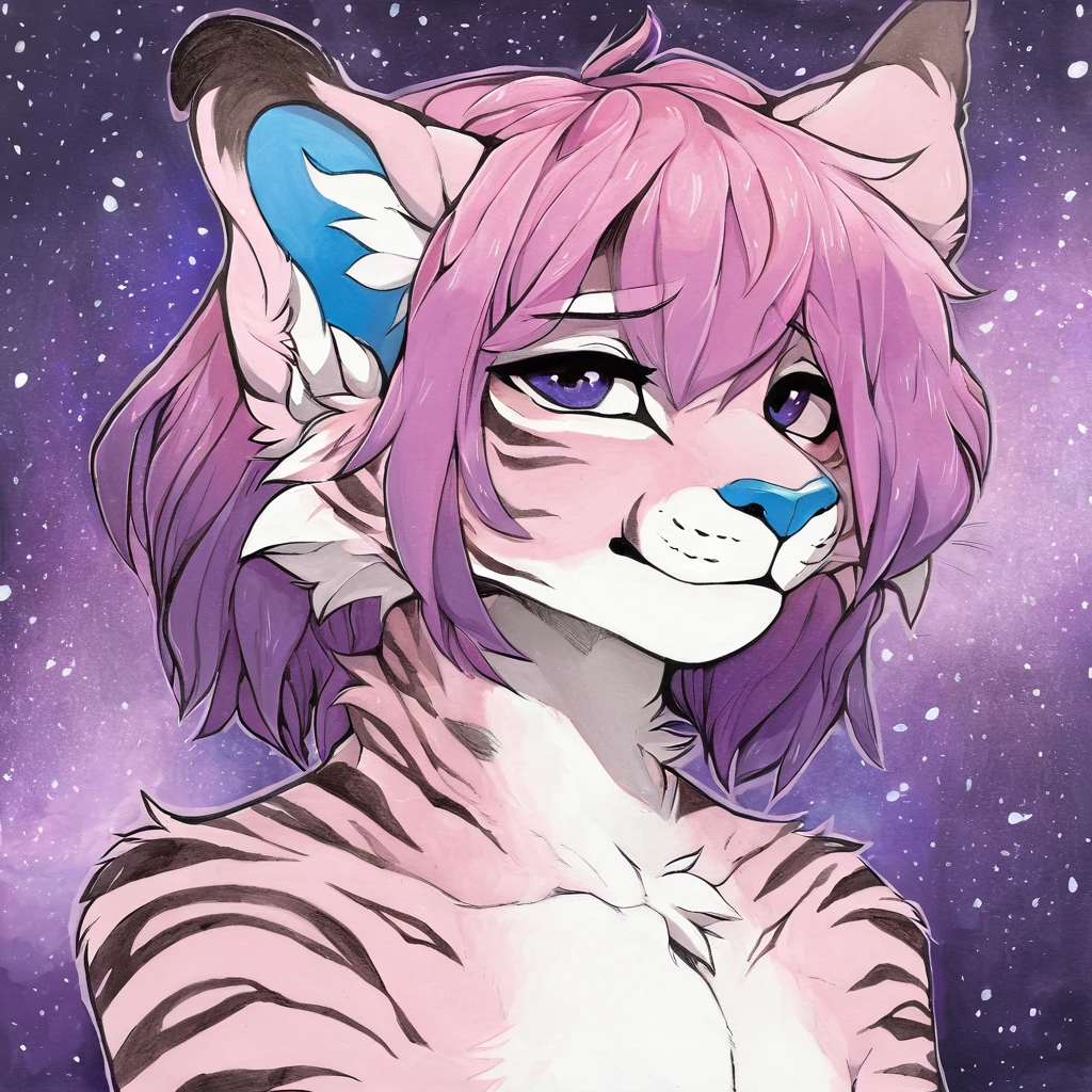 Single, solo, adult, feline, mammal, anthro, anthropomorphic, snow_leopard, cat, striped_feline, fur, furred_anthro, fluffy_tail, femboy, male, bangs, ear_tufts, blue_nose, hair_tuft, hair_between_eyes, long_tail, fluffy, feline_ears, expressive_eyes, purple_hair, purple_galaxy, purple_galaxy_background, light, looking_at_viewer, pink_hair, pink_fur, shy, small_pupils, spotted_pattern, stripes, tail, tiger_stripes, traditional_art, hand-drawn, pencil_lines, ink_details, natural_imperfections, brush_strokes, textured_shading, detailed_line_work, high_resolution, background, head_visible, neck_visible, profile_picture, seductive_face, headshot, close_up