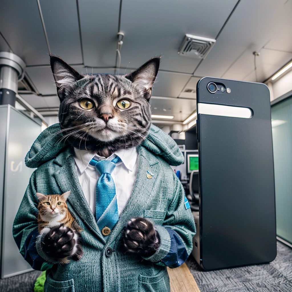 There is a cat holding a cell phone and a pen, with written badge "MANAGER", anthropomorphic cat, cyberfied, in the background there is a highly technological office combining, small anthropomorphic animal, with hat and old clothes from the 17th century, macro photography in thick grass, dew drops reflecting the environment, super detailed toy, you can see every wool of the toy, you can see every shrvcik in the clothes, dragging all your things on you, cute animal, fluffy toy,