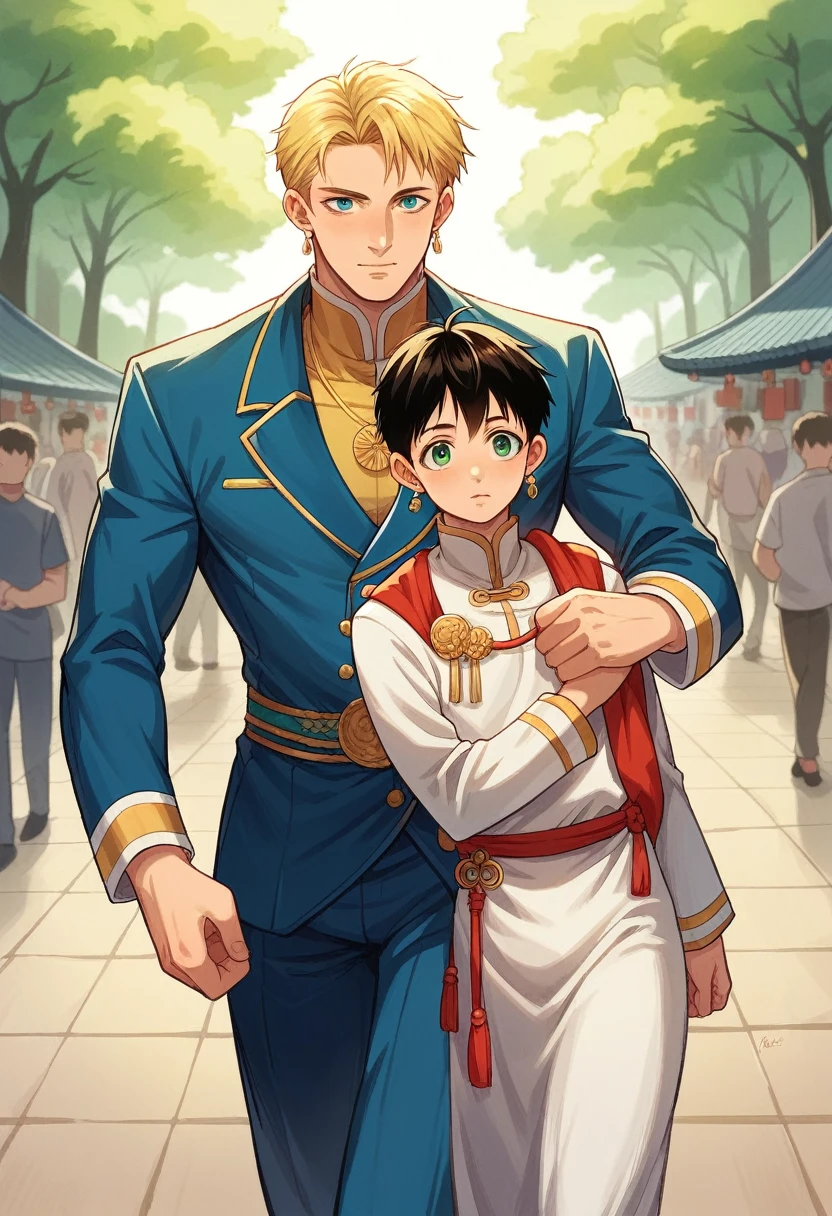 , oriental-like, age 25, blue colored eyes, short black hair, beautiful face, wearing classic dress clothes, used gold earrings, a gold necklace with a gold pin, athletic hunk body, Grinning sinpatico, walking hugging a boy, German, age 25, solar blonde, greeneyes, Grinning, heartthrob style, with classic suit clothes, with jacket, walking hugging her, in a University Hall of Honor in a meeting with members of Asian high society