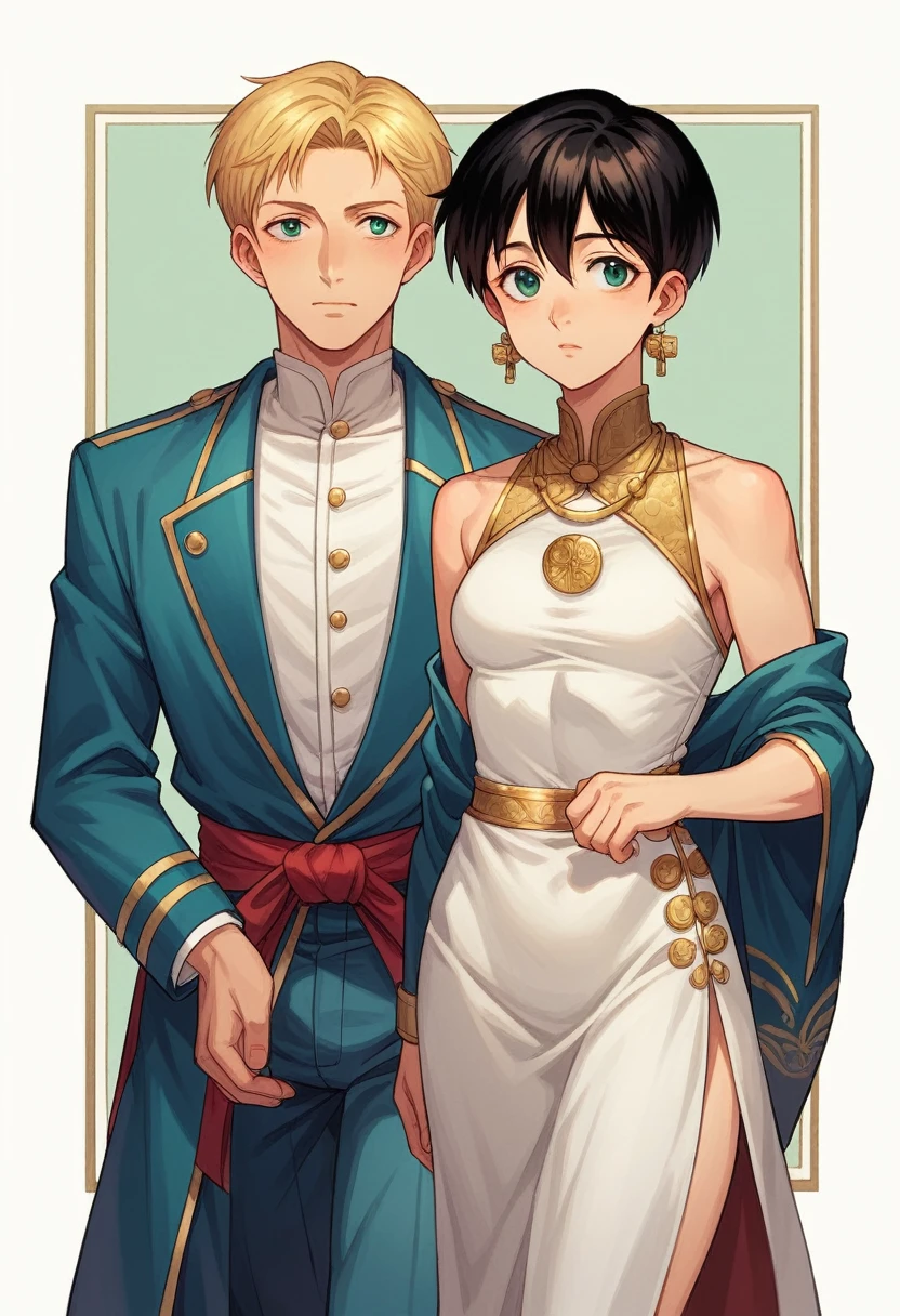 , oriental-like, age 25, blue colored eyes, short black hair, beautiful face, wearing classic dress clothes, used gold earrings, a gold necklace with a gold pin, athletic hunk body, Grinning sinpatico, walking hugging a boy, German, age 25, solar blonde, greeneyes, Grinning, heartthrob style, with classic suit clothes, with jacket, walking hugging her, in a University Hall of Honor in a meeting with members of Asian high society