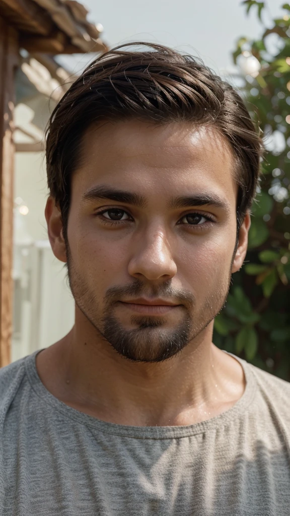 Create an anime-style image of a 30-year-old man with very short dark brown hair. He has small eyes, a large forehead, a round and fuller face with prominent cheeks, and a neatly trimmed beard. His skin is white, and he has a solid, non-skinny build. Importantly, he has a small chin.He is in a selfie pose, with a 50mm camera capturing a close and natural angle. The lighting is soft and diffuse to highlight facial details, using adjustable LED lights or diffused light panels to avoid harsh shadows. The setting is tranquil and symbolic, such as a garden at sunset or a beach at dusk, complementing the contemplative theme of the scene.Position the camera at a slightly elevated angle to capture both the man's and Jesus' faces in a balanced manner. Focus should emphasize the eyes and facial details of both characters, ensuring they are sharp and well-defined in the image.The man should have a natural and casual selfie pose, with a gentle smile of contemplation as he looks towards the horizon. Next to him, Jesus can have a serene expression, also facing the horizon.