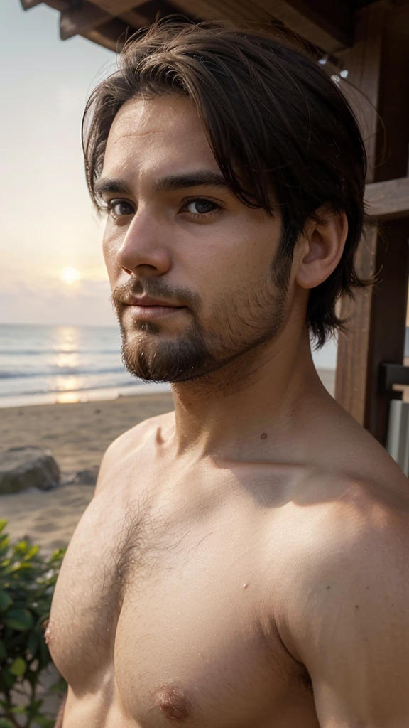 a man on the beach with an athletic appearance naked showing his erect penis who is 25 years old with light skin sitting on the trunk of an old tree watching the sunset with one arm on his head and another holding his leg