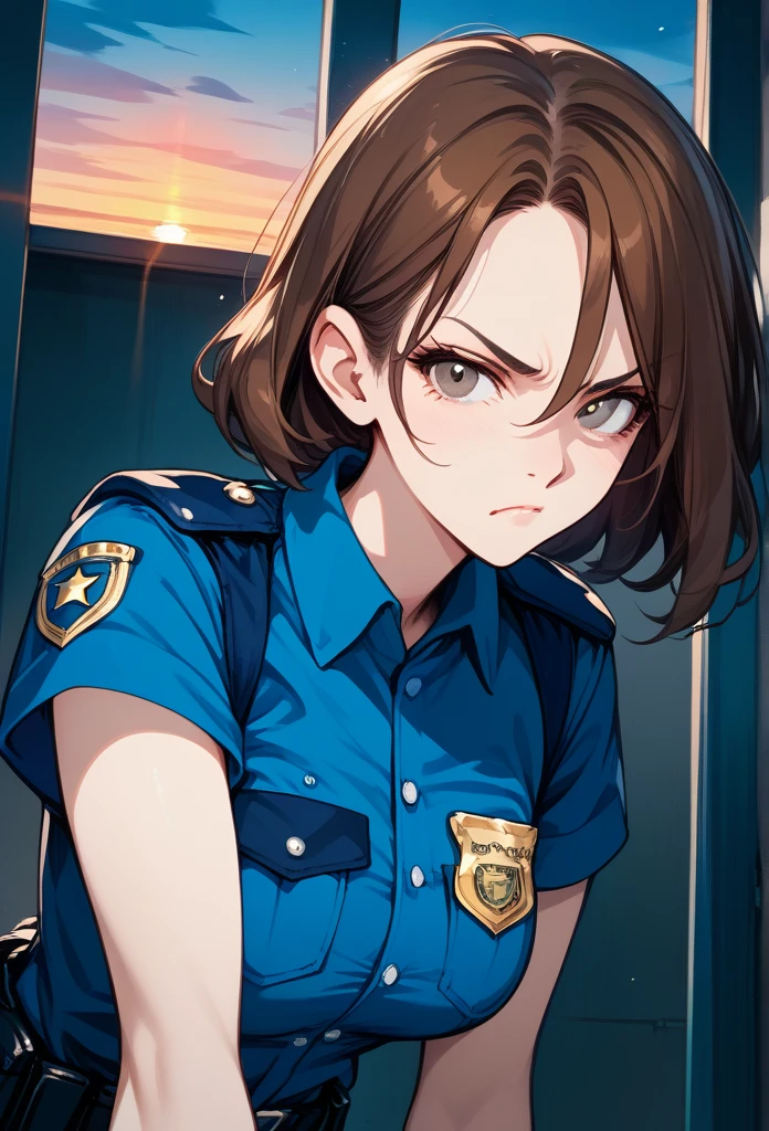 masterpiece, best quality, sunset, cowboy shot, mature woman, bob hairstyle, brunette hair, mature face, hot face, sharp eyes, medium breasts, curvy body, hazel eyes, police outfit, looking at viewer, very close to viewer, face to face, tough appearance, in prison, (looking serious), intimidating face, glaring eyes