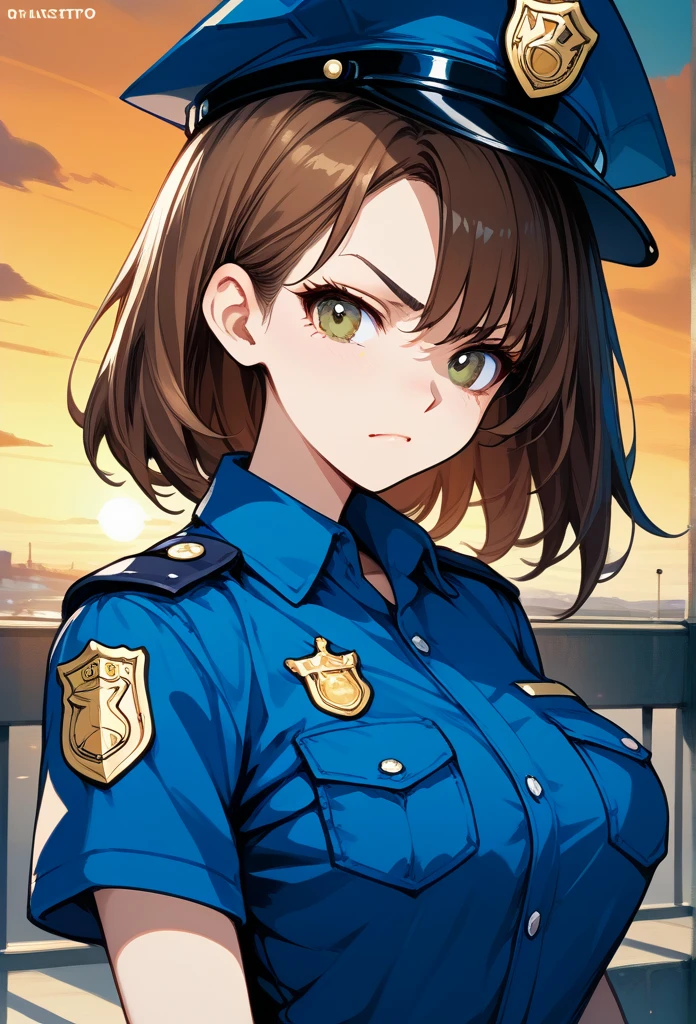 masterpiece, best quality, sunset, cowboy shot, mature woman, bob hairstyle, brunette hair, mature face, hot face, sharp eyes, medium breasts, curvy body, hazel eyes, police outfit, looking at viewer, very close to viewer, face to face, tough appearance, in prison, (looking serious), intimidating face, glaring eyes