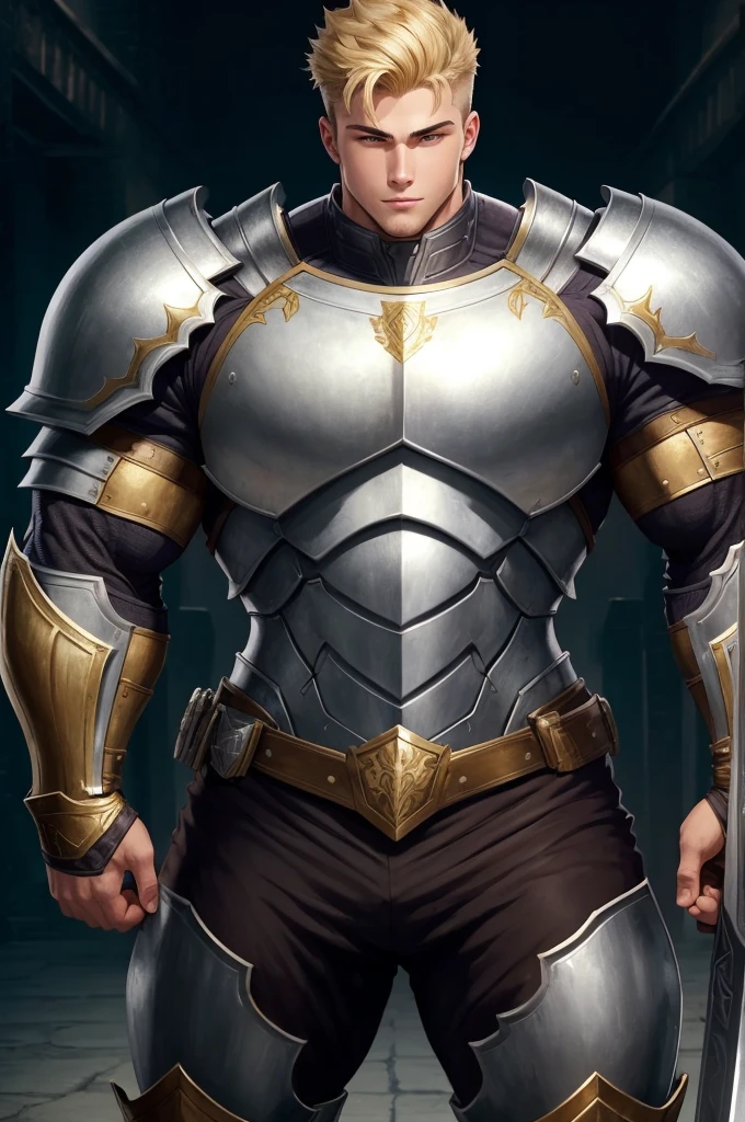 An armored teenage boy.  He is covered in full knight armor and holds a sword.  Hulking upper body with wide shoulders and a very thin waist (28 inch waist).  Tall young man.  Massive chest with plump pectorals. Giant, powerful chest.  Massive, muscular arms with giant, plump biceps and giant triceps. He wears a full suit of armor. White, German ethnicity, and styled golden blonde hair. Extremely handsome young nan with beautiful eyes and a beautiful smile.