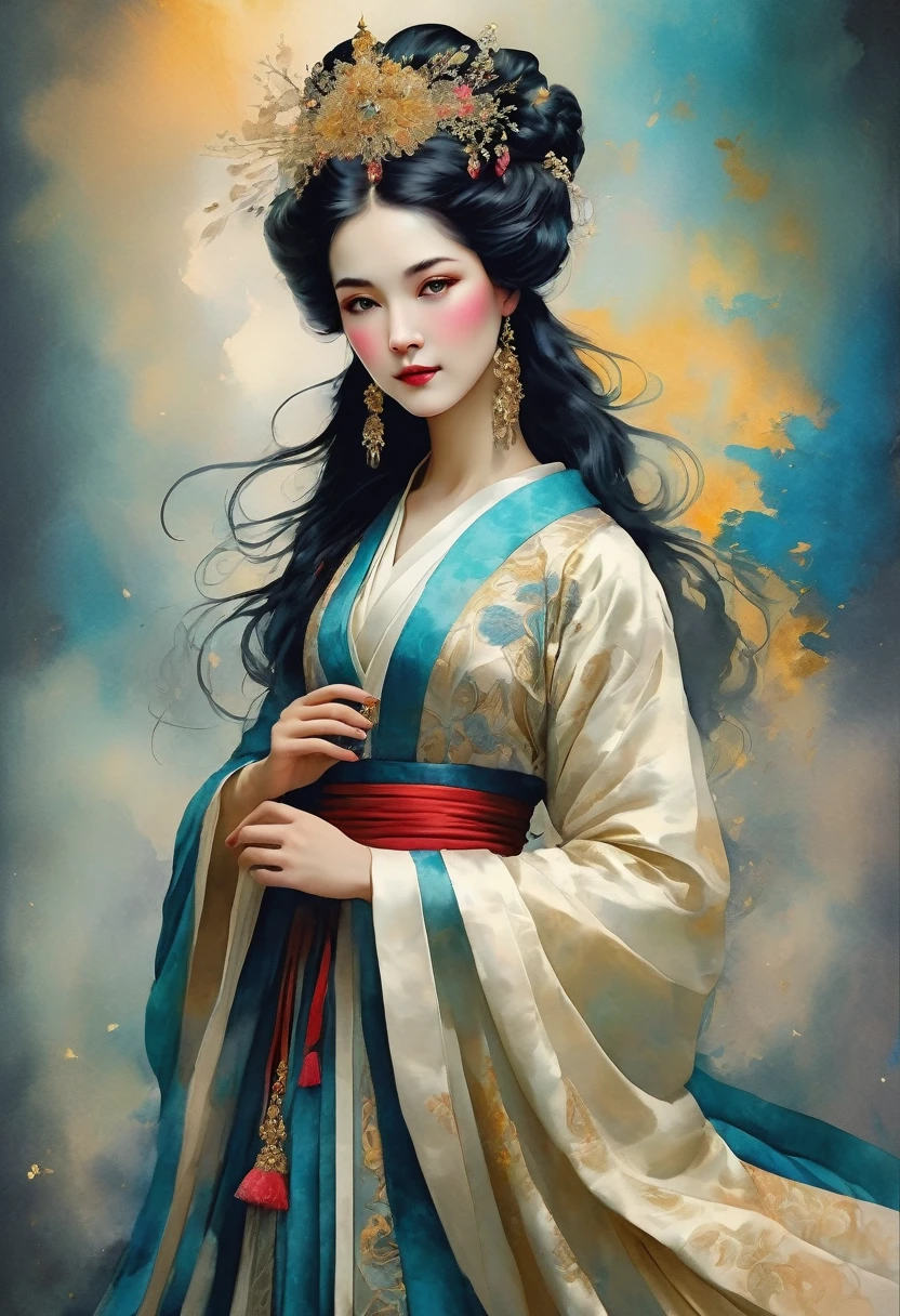 a beautiful empress, porcelain skin, long black hair, ornate traditional robe, Harrison Fisher and Catrin Welz-Stein art style, vivid colors, highly detailed, ((full body portrait)), cinematic lighting, dramatic pose, elegant, graceful, regal, intricate details, masterpiece, photorealistic, 8k, best quality