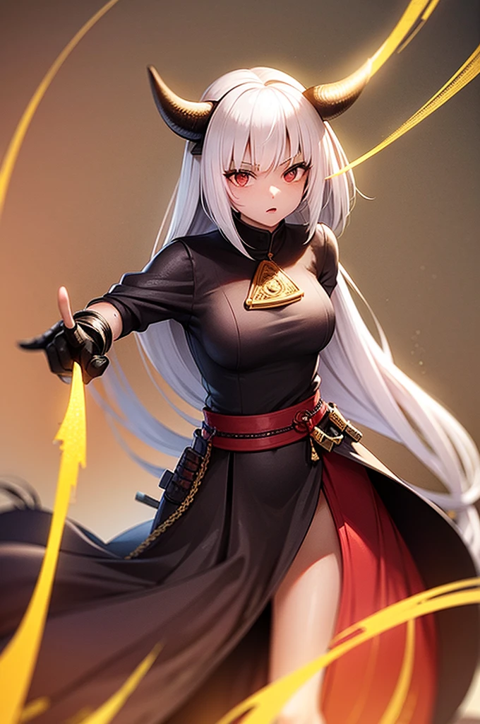 Create an illustration of a female samurai with humanoid and goat features, including longs horns and cows ears. She has dark skin and very long white hair. Her attire should be more medieval village, incorporating elements such as leather armor, chainmail. Equip her with two katanas. The overall aesthetic should maintain a balance between her fierce warrior persona and her unique hybrid appearance.