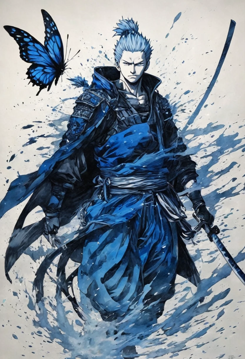 Ink and ink painting,Black and white painting,splash,Beautiful detailed glass hair,Jujutsu Kaisen,Itadori Yuuji,samurai armor,(Blue Butterfly々,Feather powder),