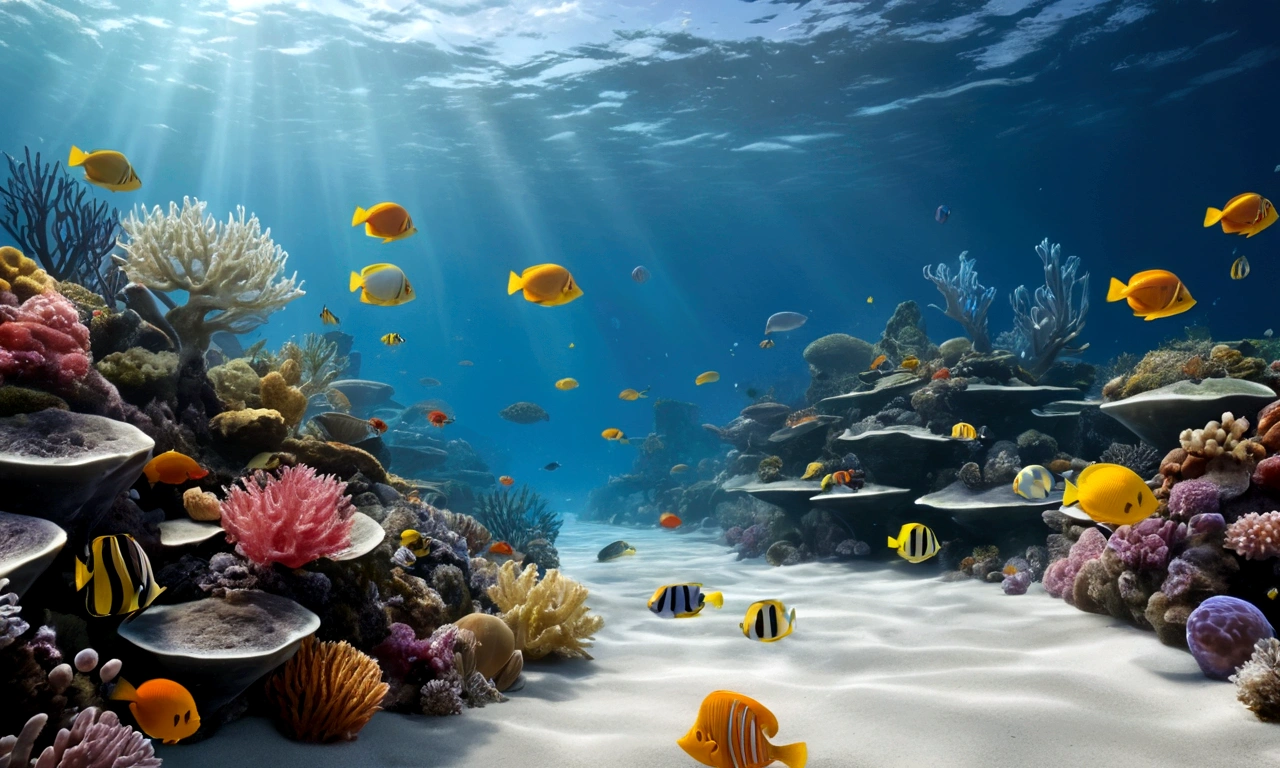 ocean 、La sombre lumière du soleil filtre à travers l'eau et le ciel gris、faune luxuriante, algue et corail sauvages、Délicieux petits poissons、Poussière de fée flottant dans l'air、De mystérieuses sphères de lumière volent autour、L'atmosphère générale est rêveuse et tranquille.。Monde différent、Dimension différente、très réaliste、réaliste、surréaliste、chef-d'œuvre、la plus haute qualité、Haute résolution、8k、rendu 3D、Profondeur de la limite écrite、