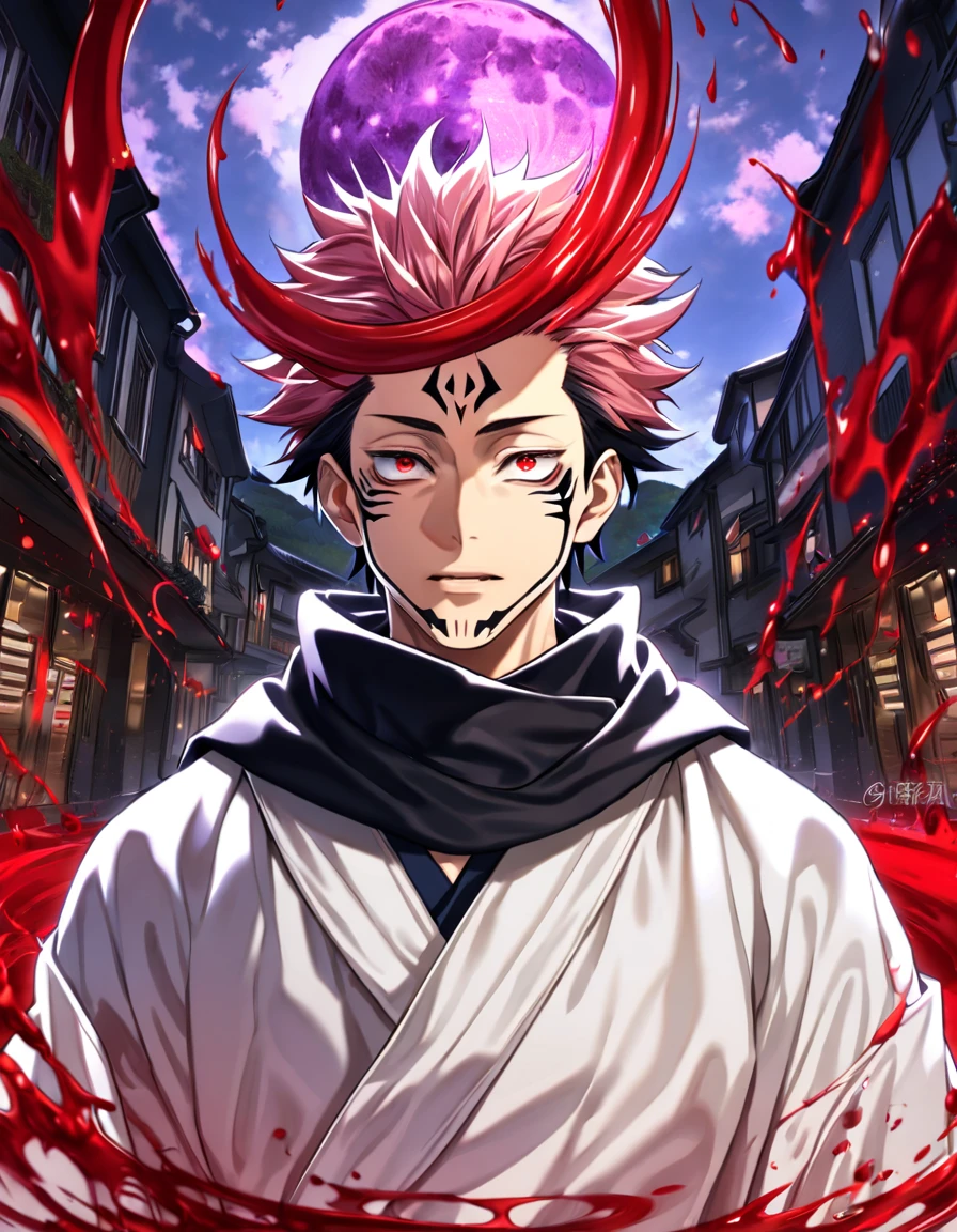 absurdres, highres, ultra detailed, HDR, masterpiece, best quality, Ryomen Sukuna, black hair, expressive red eyes, Jujutsu Kaisen, solo, sexy man, handsome, black scarf, white kimono, red blood water, purple moon, magical, pink hairs, yuji Itadori's body takeover