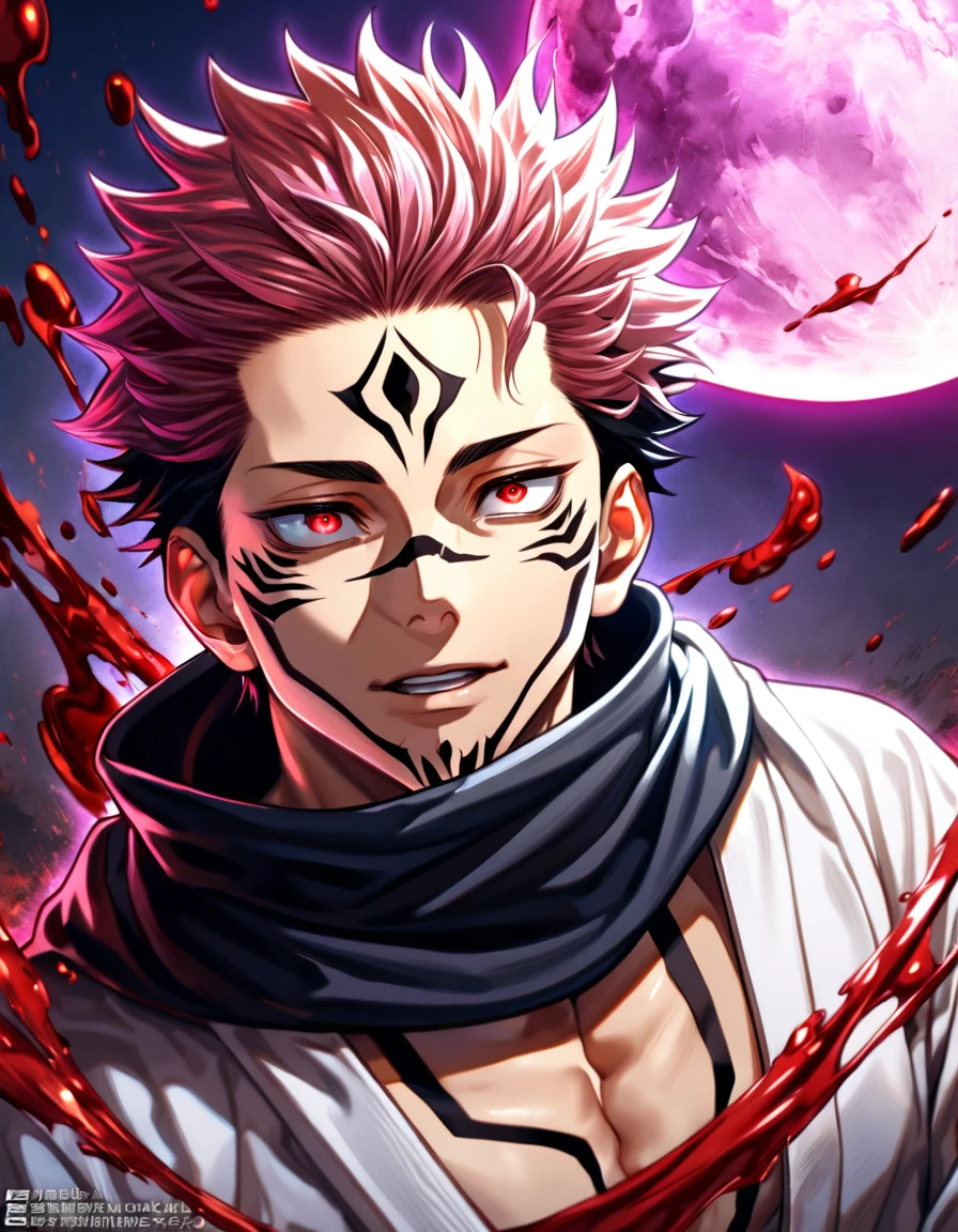 absurdres, highres, ultra detailed, HDR, masterpiece, best quality, Ryomen Sukuna, black hair, expressive red eyes, Jujutsu Kaisen, solo, sexy man, handsome, black scarf, white kimono, red blood water, purple moon, magical, pink hairs, yuji Itadori's body takeover